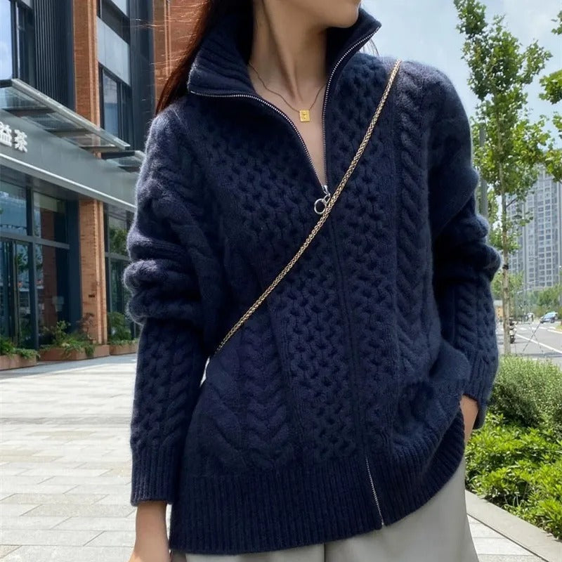 Alina - cardigan tricotat cu fermoar, albastru