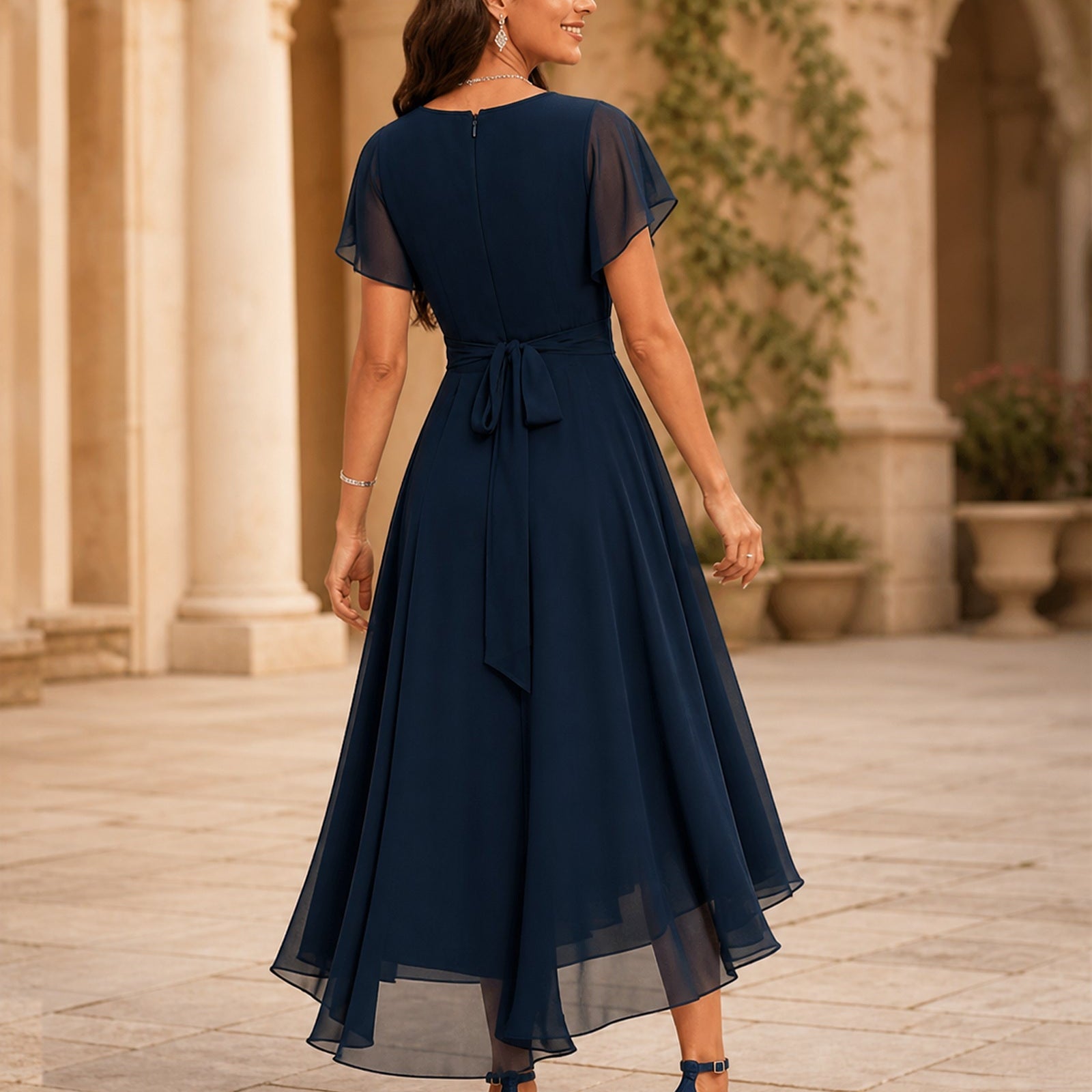 Alisa în rochie bleumarin, vedere din spate în exterior
