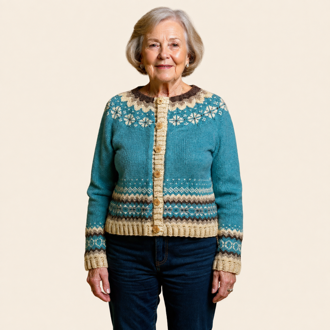 Allaira | Vintage-Icelandic Cardigan – warmbeiger Studiohintergrund