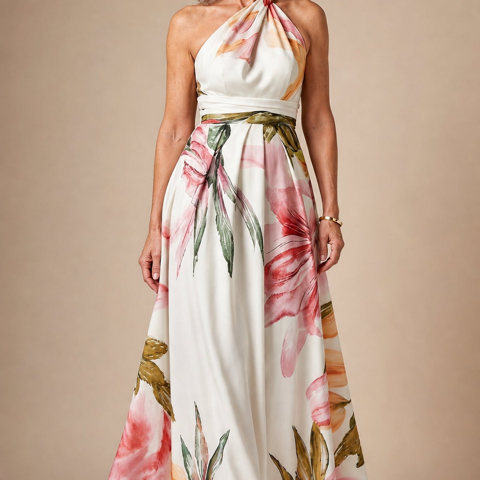 Rochie maxi florală Amiel, culoare alb, vedere frontală în studio