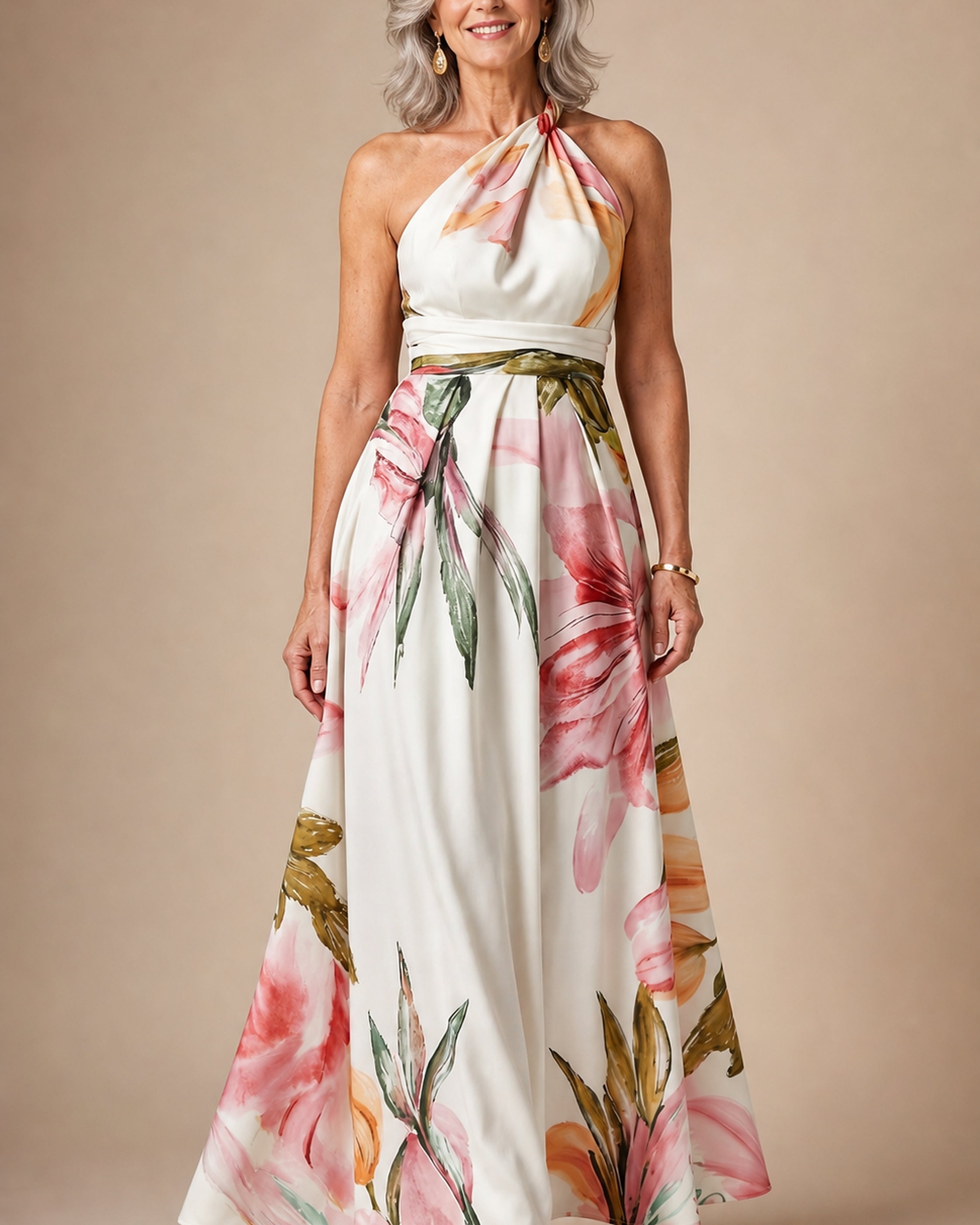 Rochie maxi florală Amiel, culoare alb, vedere frontală în studio