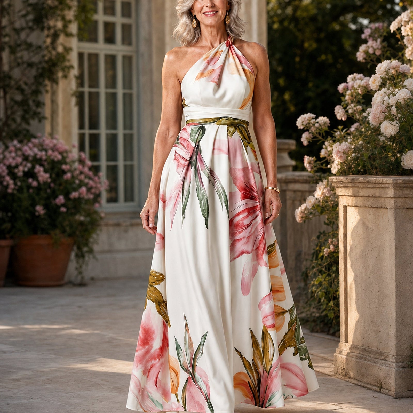 Rochie maxi florală Amiel alb, purtată în exterior