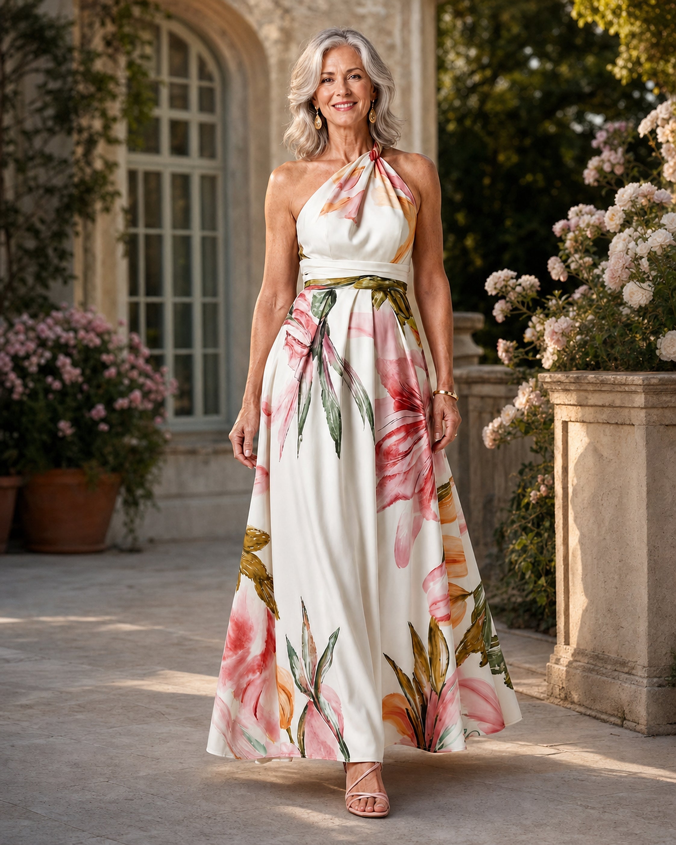 Rochie maxi florală Amiel alb, purtată în exterior
