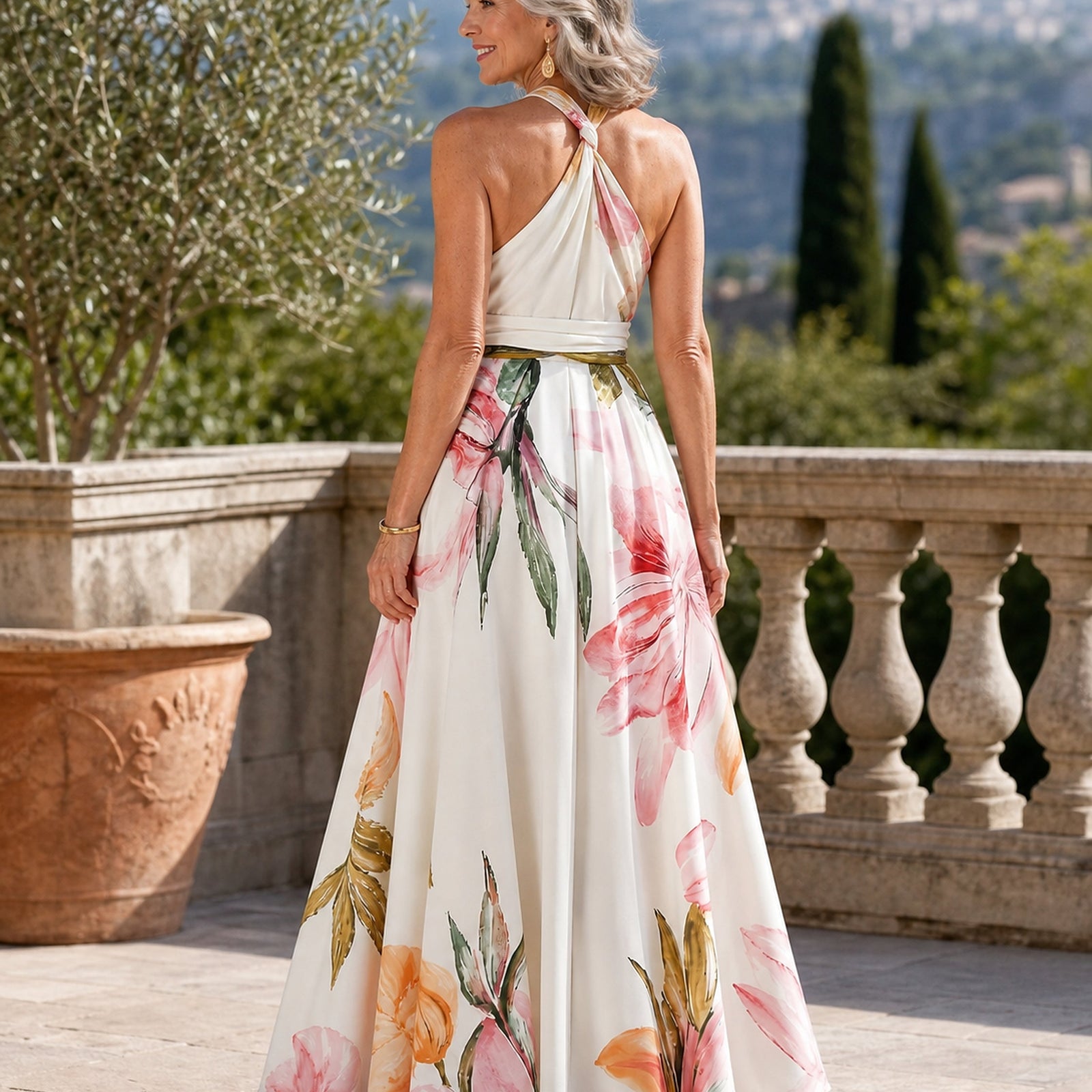 Rochie maxi florală Amiel alb, vedere din spate
