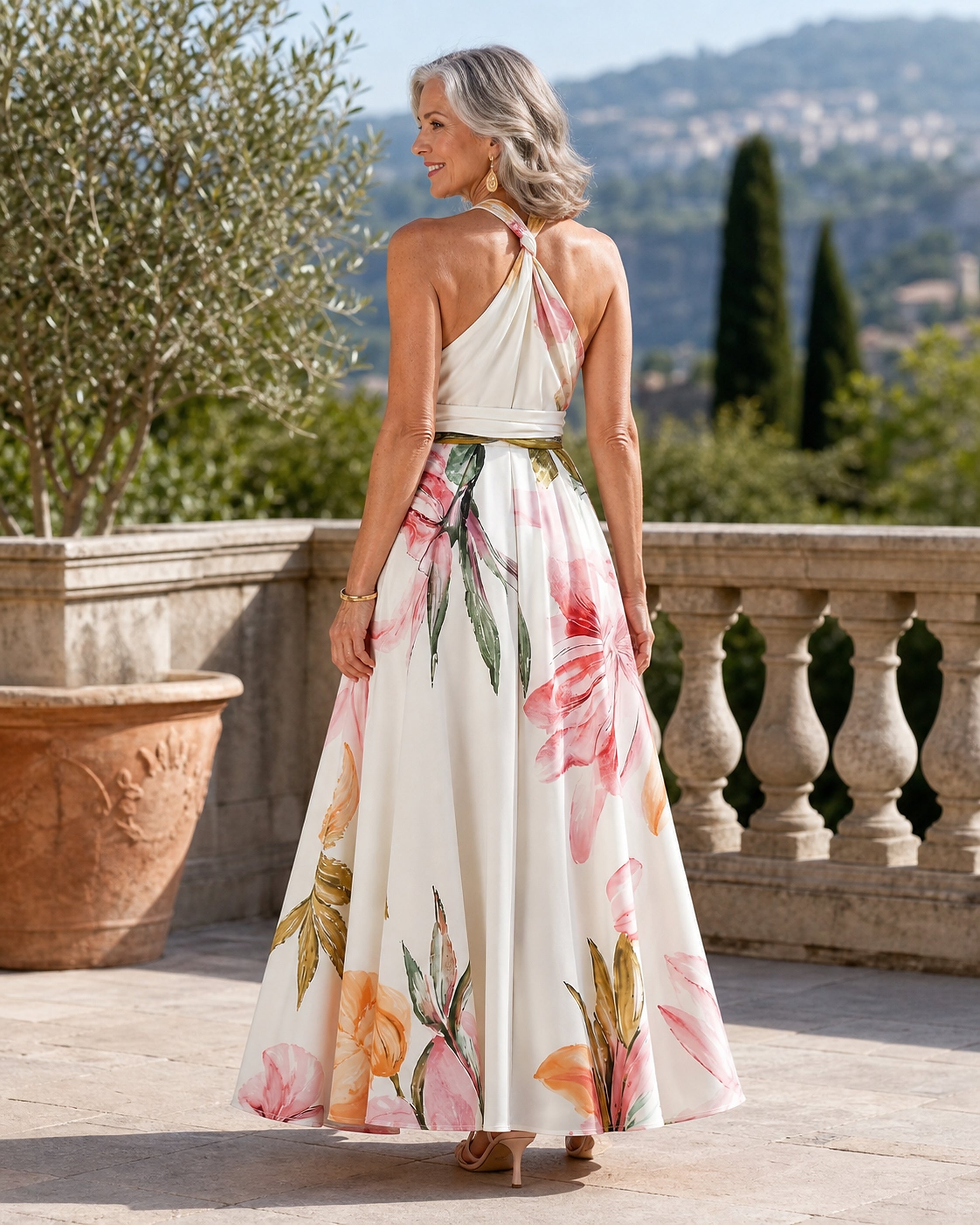Rochie maxi florală Amiel alb, vedere din spate