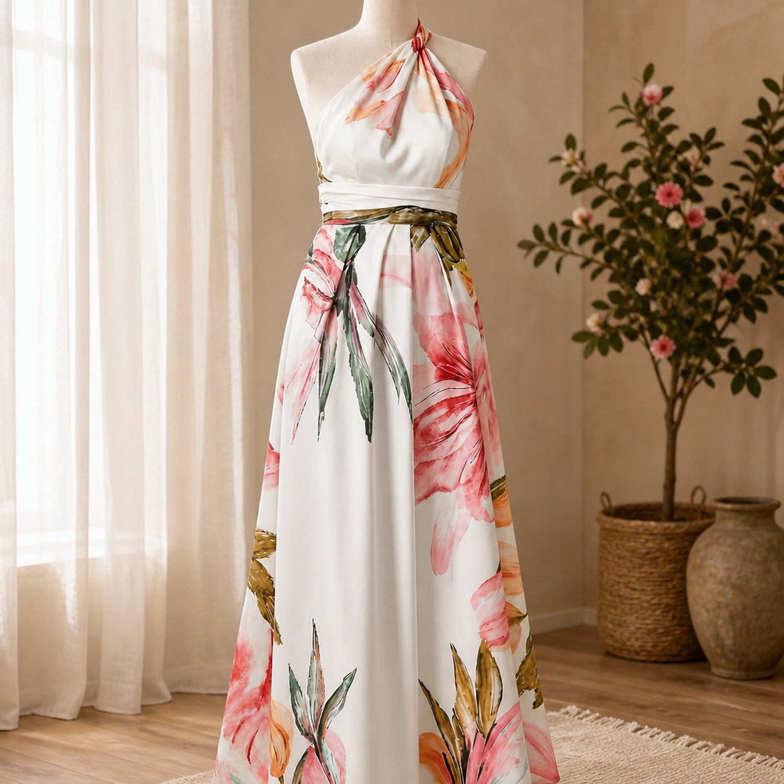 Rochie maxi florală Amiel alb pe manechin