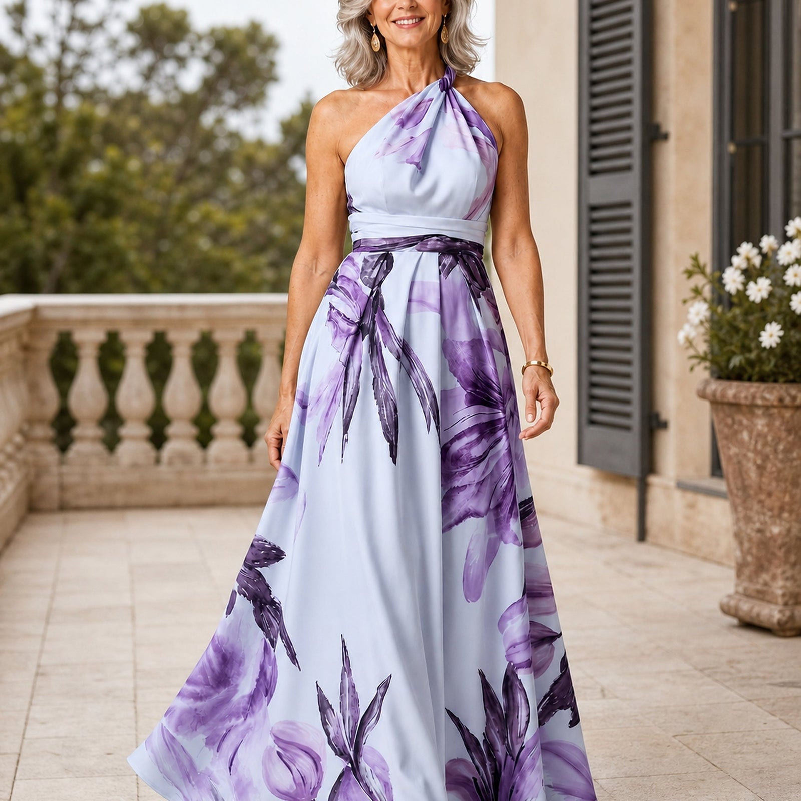 Rochie maxi florală Amiel violet, purtată în exterior