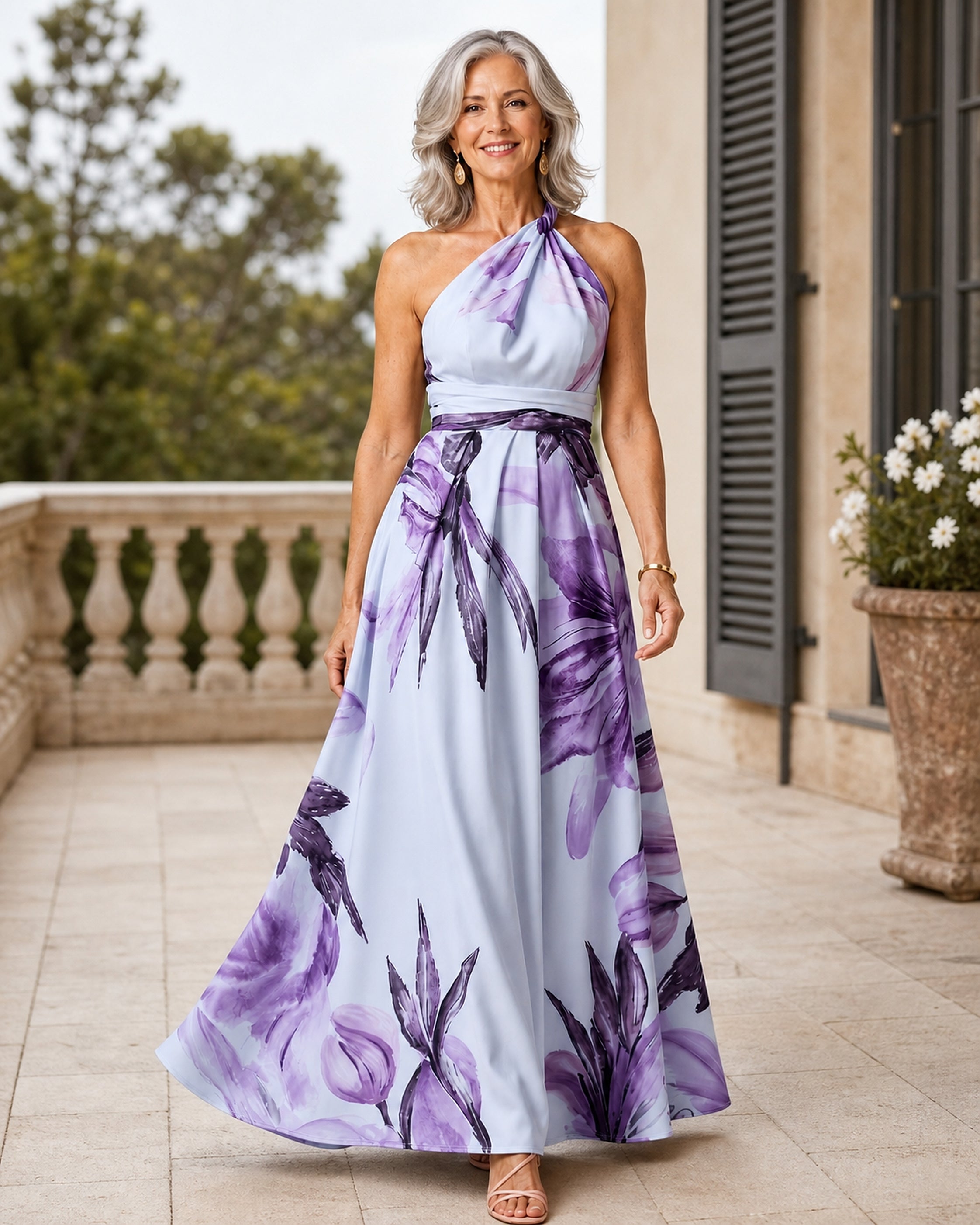 Rochie maxi florală Amiel violet, purtată în exterior