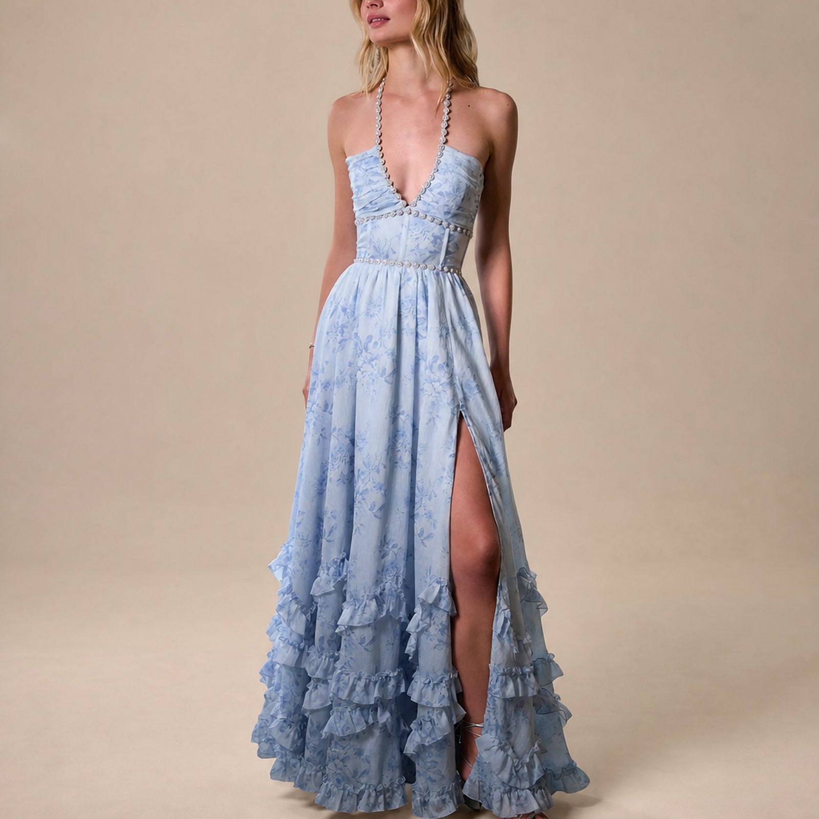 Rochie maxi Ana-Andreea albastru floral, vedere frontală în studio