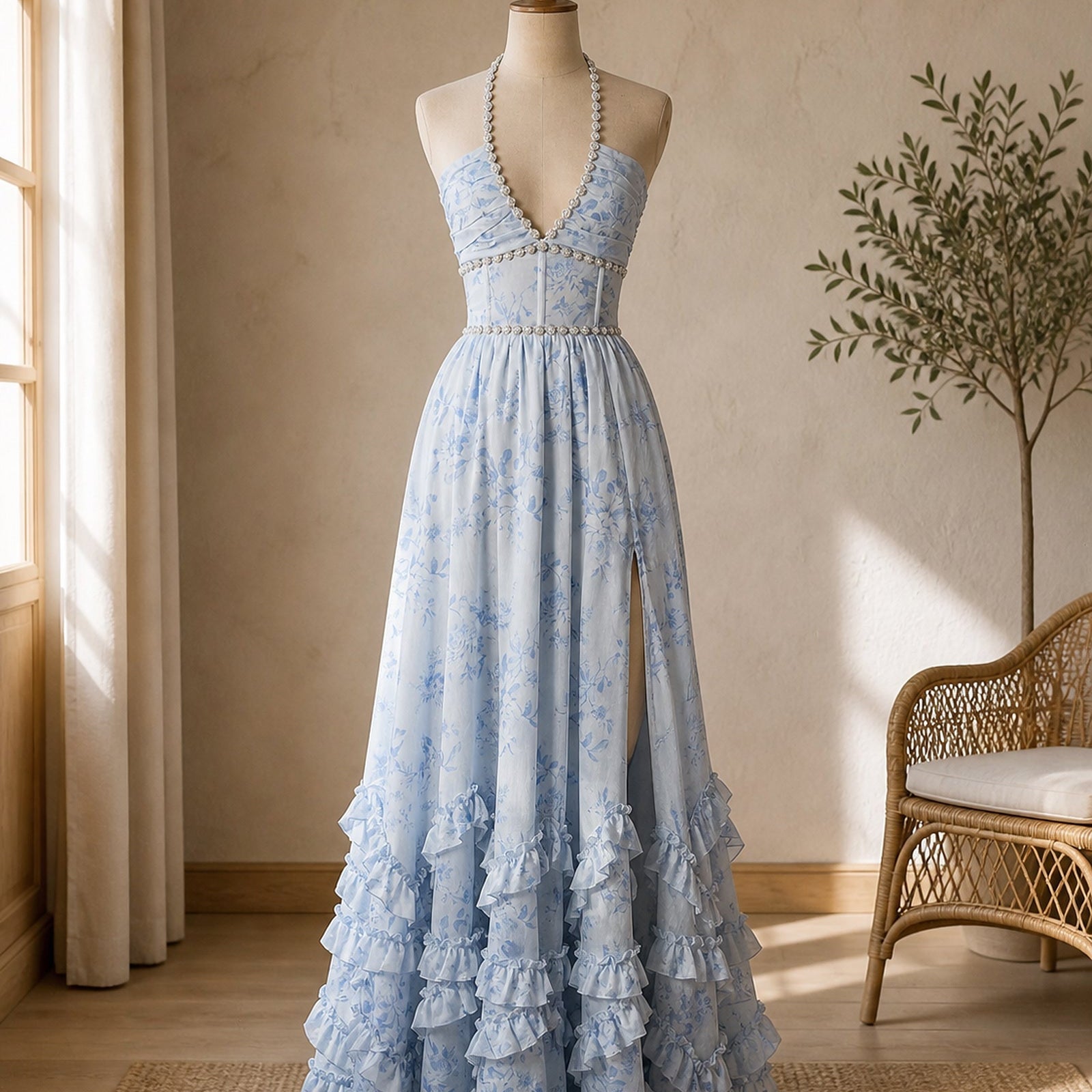 Rochie maxi Ana-Andreea albastru floral prezentată pe manechin