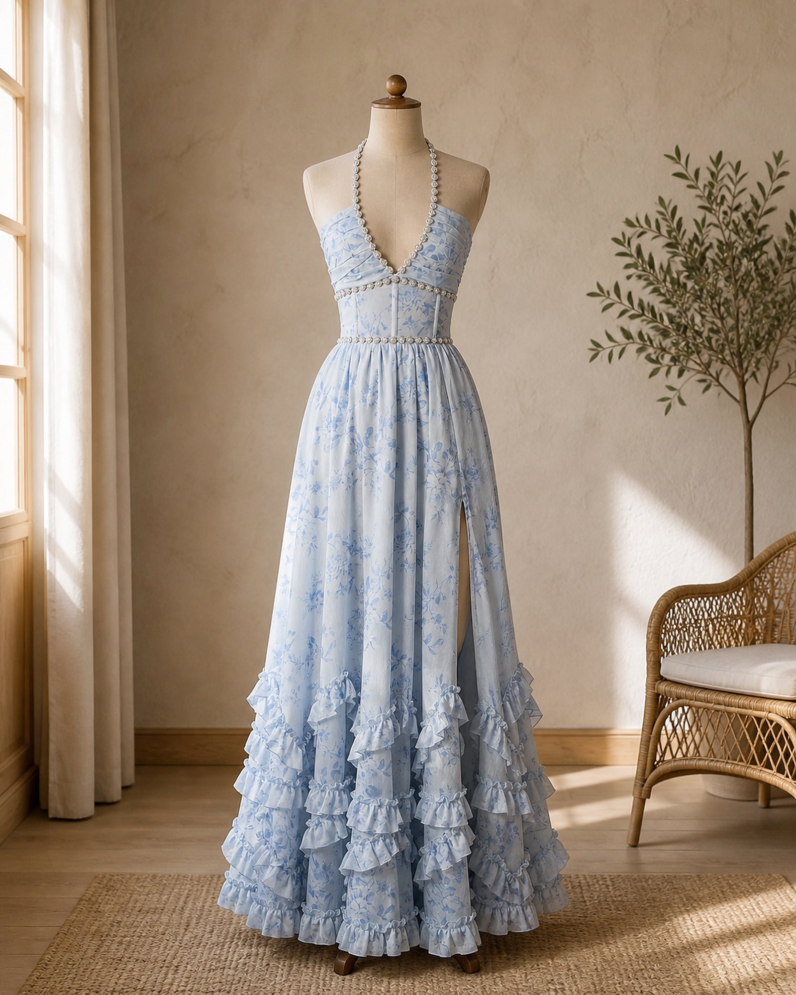 Rochie maxi Ana-Andreea albastru floral prezentată pe manechin