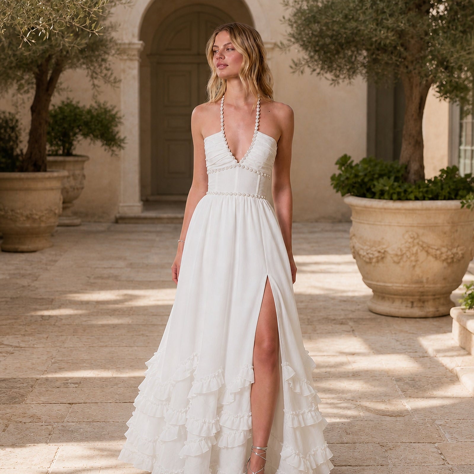 Rochie maxi Ana-Andreea albă, vedere frontală în exterior