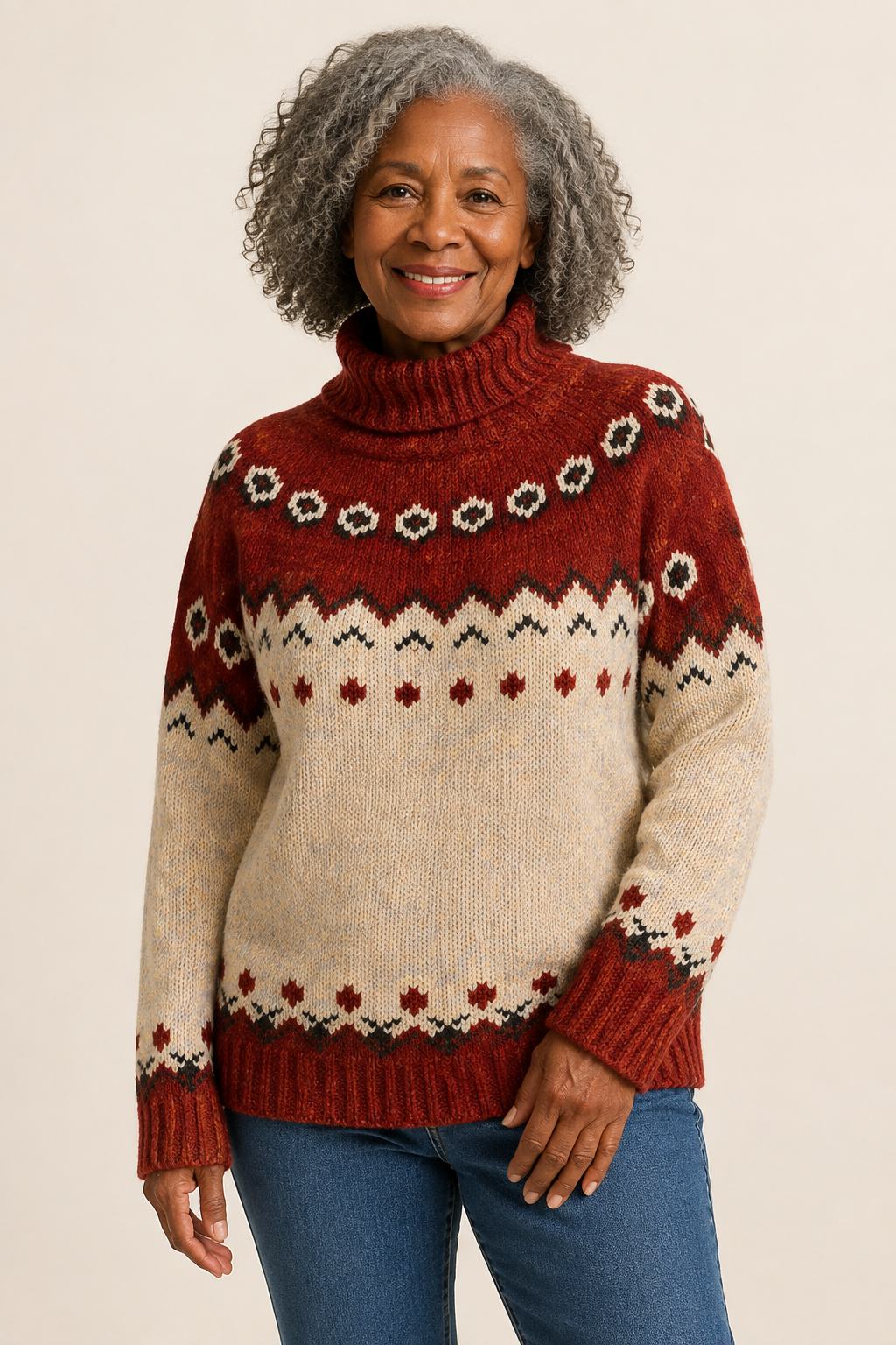 Ana-Cristina rot-cremefarbener Fair-Isle-Rollkragenpullover an reifer Frau auf warmem beigem Hintergrund