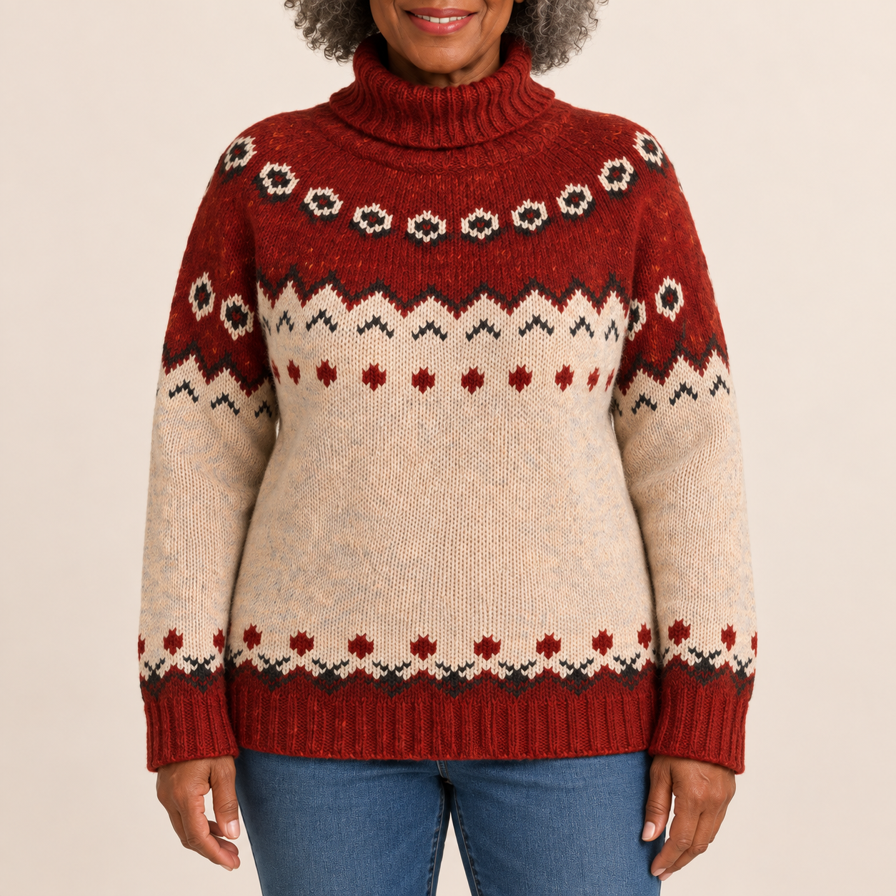 Ana-Cristina rot-cremefarbener Pullover – vollständige Produktansicht auf beigem Hintergrund