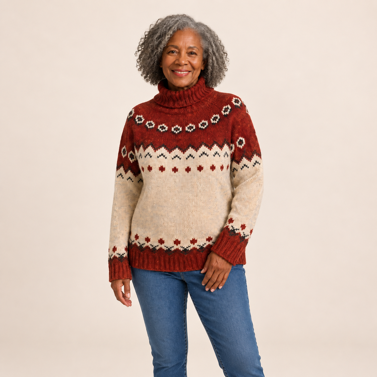 Ana-Cristina rot-cremefarbener Pullover – Modelansicht auf beigem Hintergrund