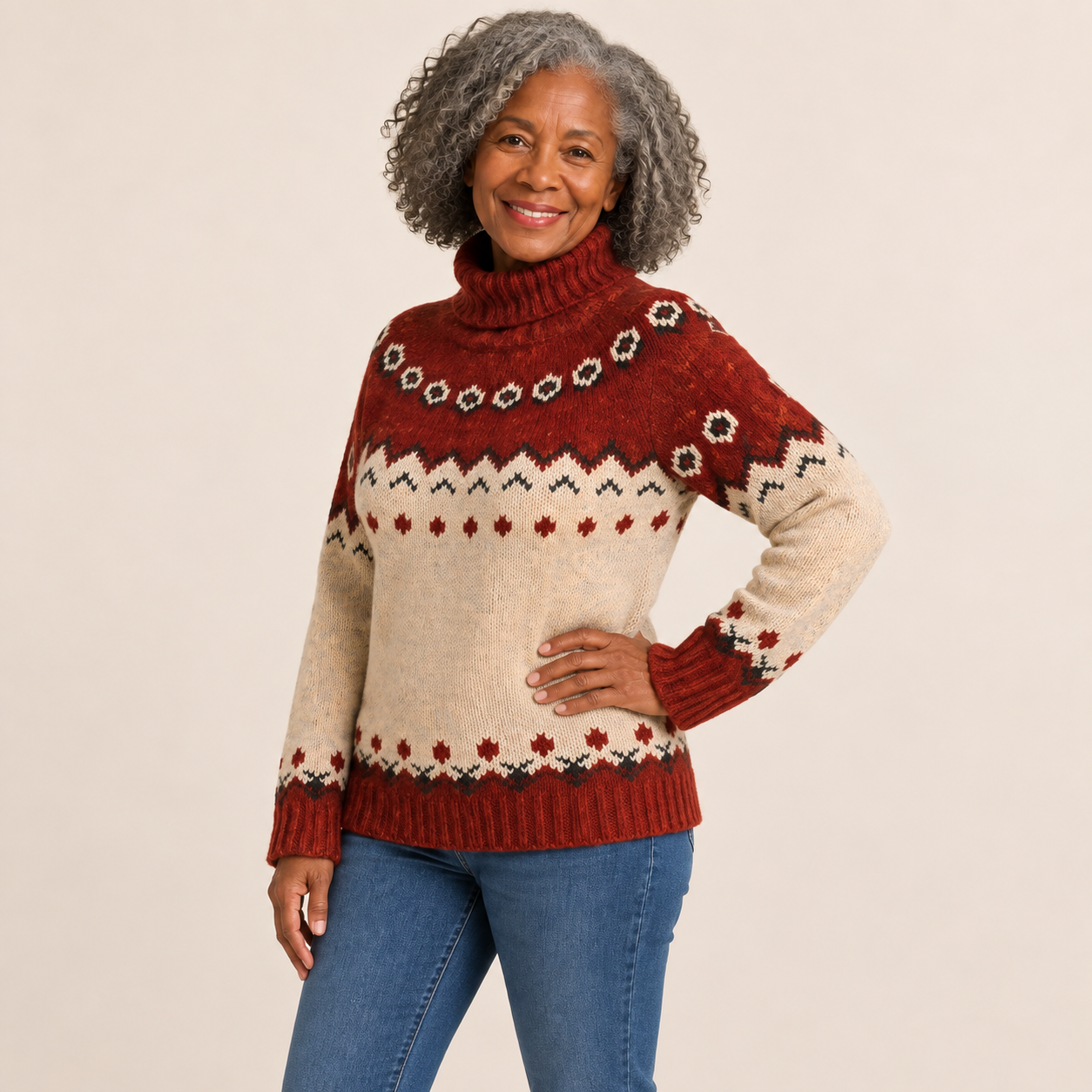 Ana-Cristina rot-cremefarbener Pullover – alternative Pose auf beigem Hintergrund