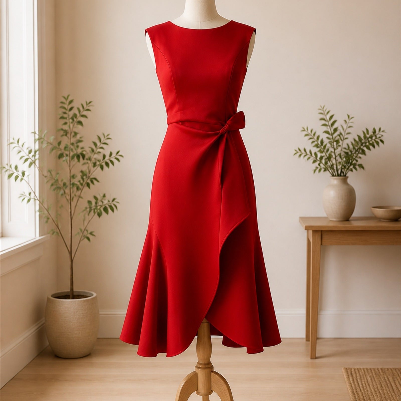 Rochie midi roșie Ana-Oana prezentată pe manechin