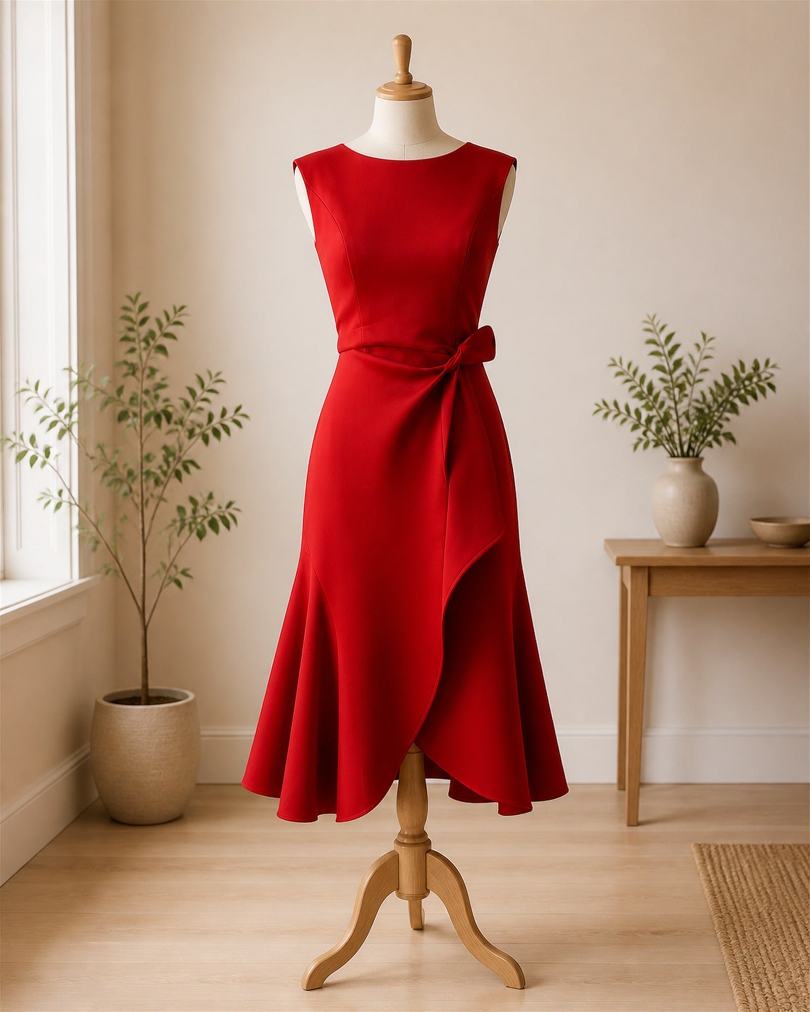 Rochie midi roșie Ana-Oana prezentată pe manechin