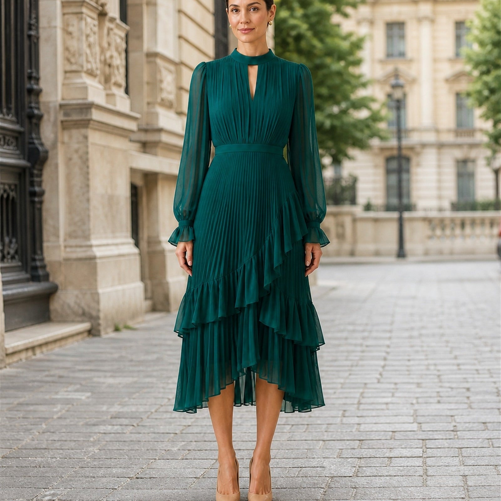 Ana-Valentina în rochie Verde, vedere frontală în exterior