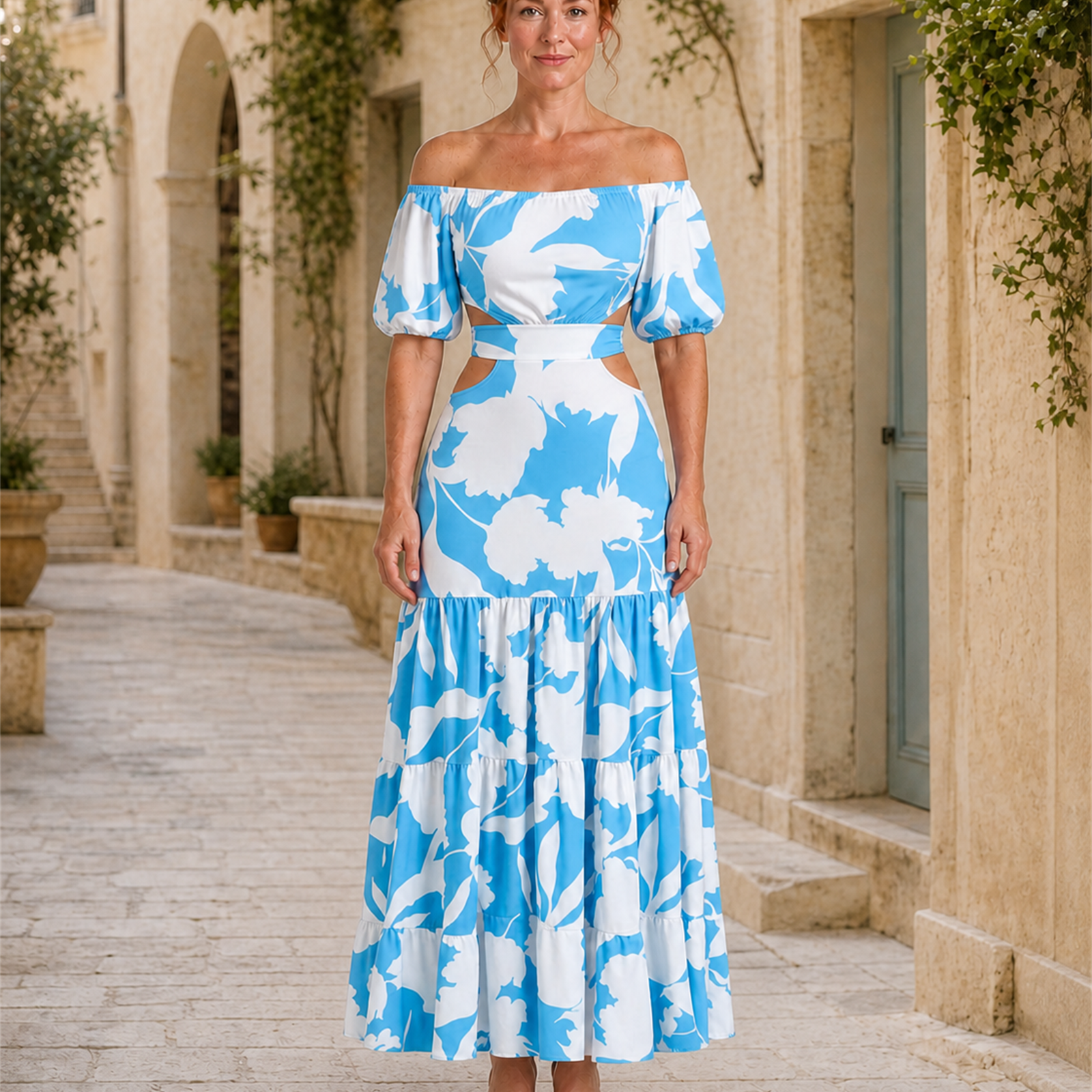 Rochie albastră lungă ajustată, vedere frontală