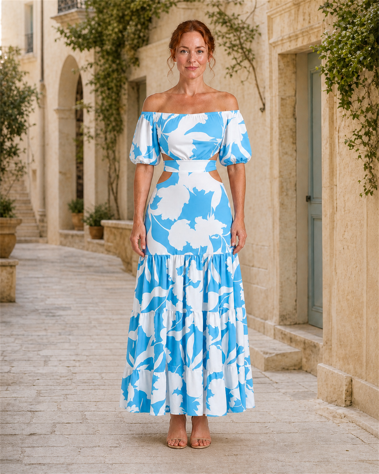 Rochie albastră lungă ajustată, vedere frontală
