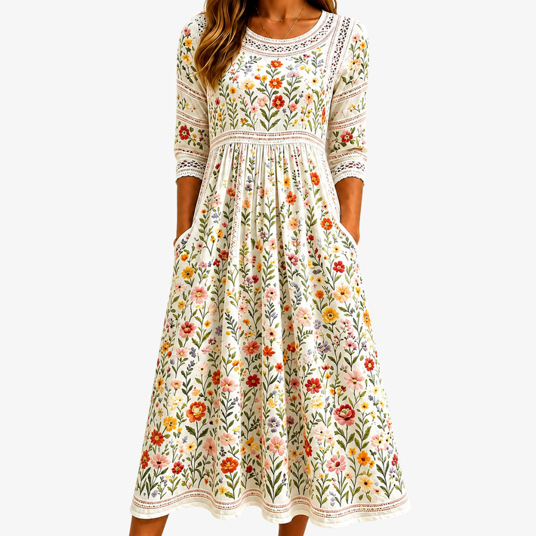 Anemona, rochie midi florală cu dantelă croșetată, vedere principală
