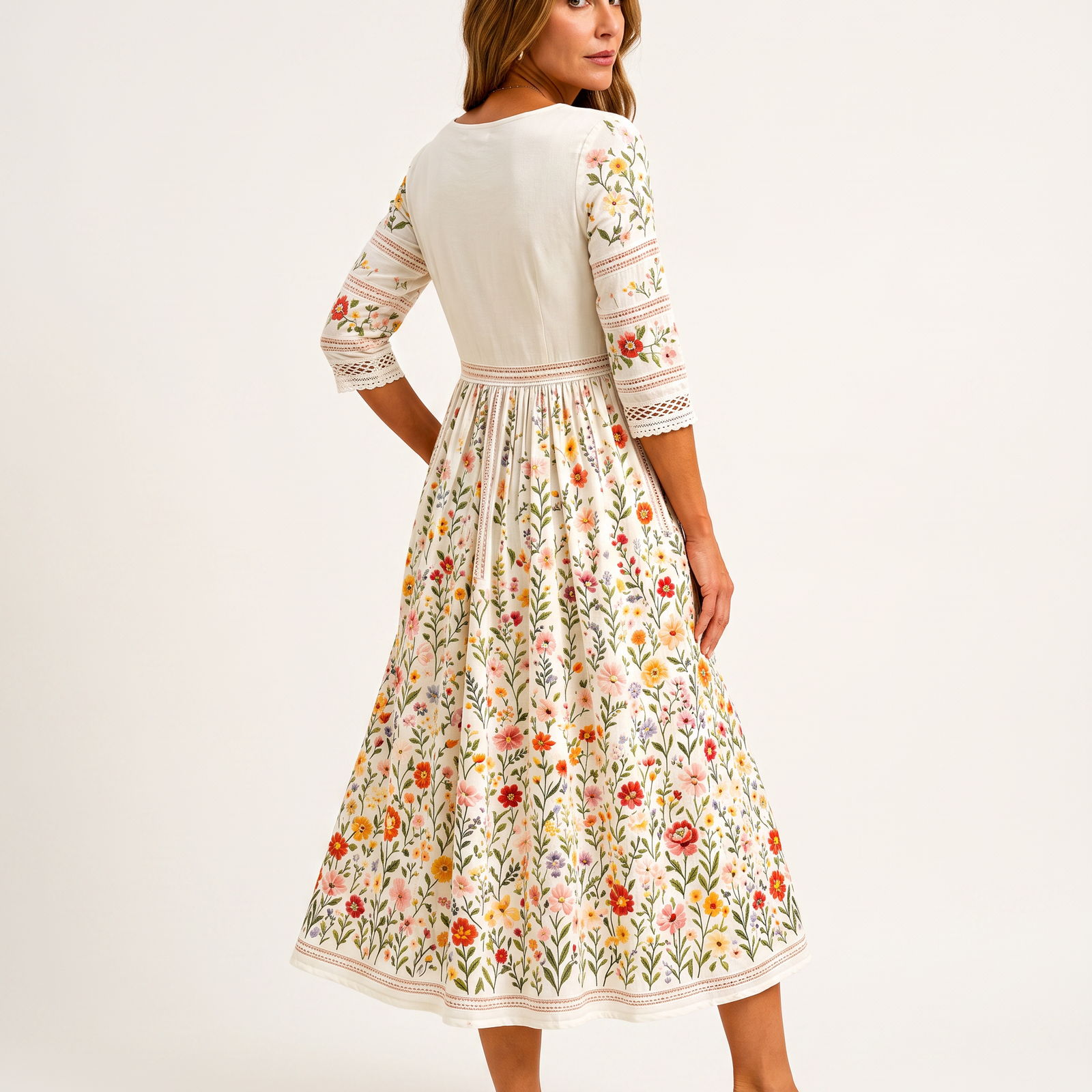 Anemona, rochie midi florală cu dantelă croșetată, vedere secundară