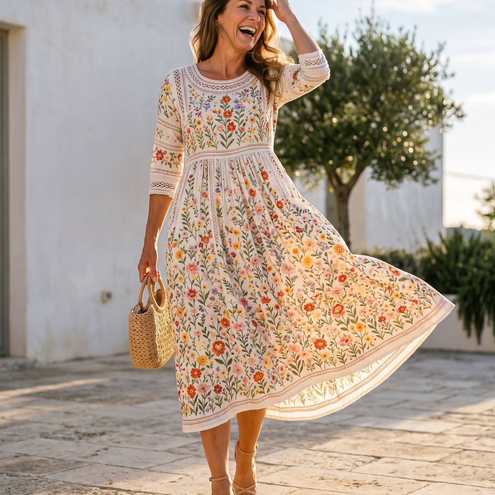 Anemona, rochie midi florală, detalii de dantelă croșetată