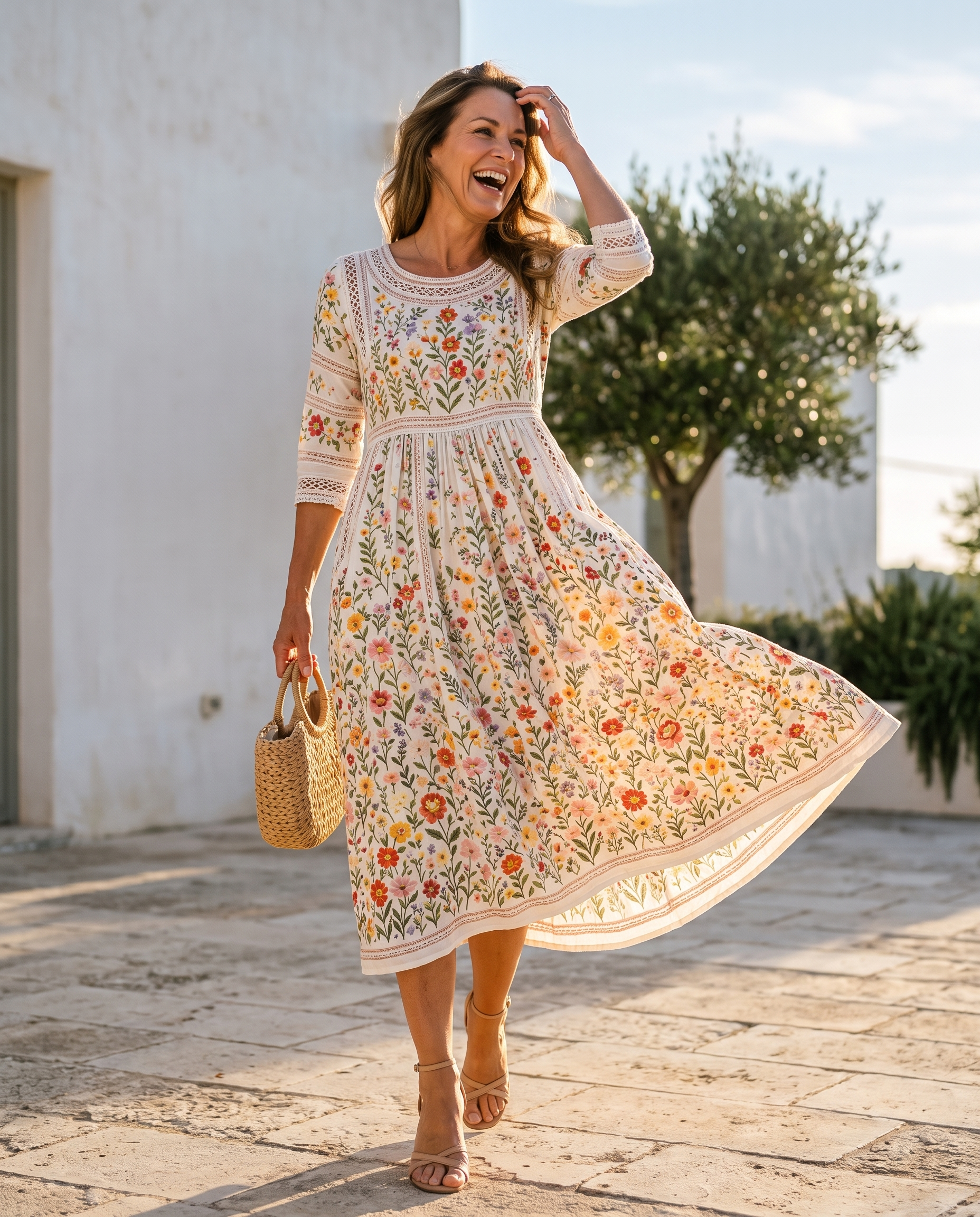 Anemona, rochie midi florală, detalii de dantelă croșetată