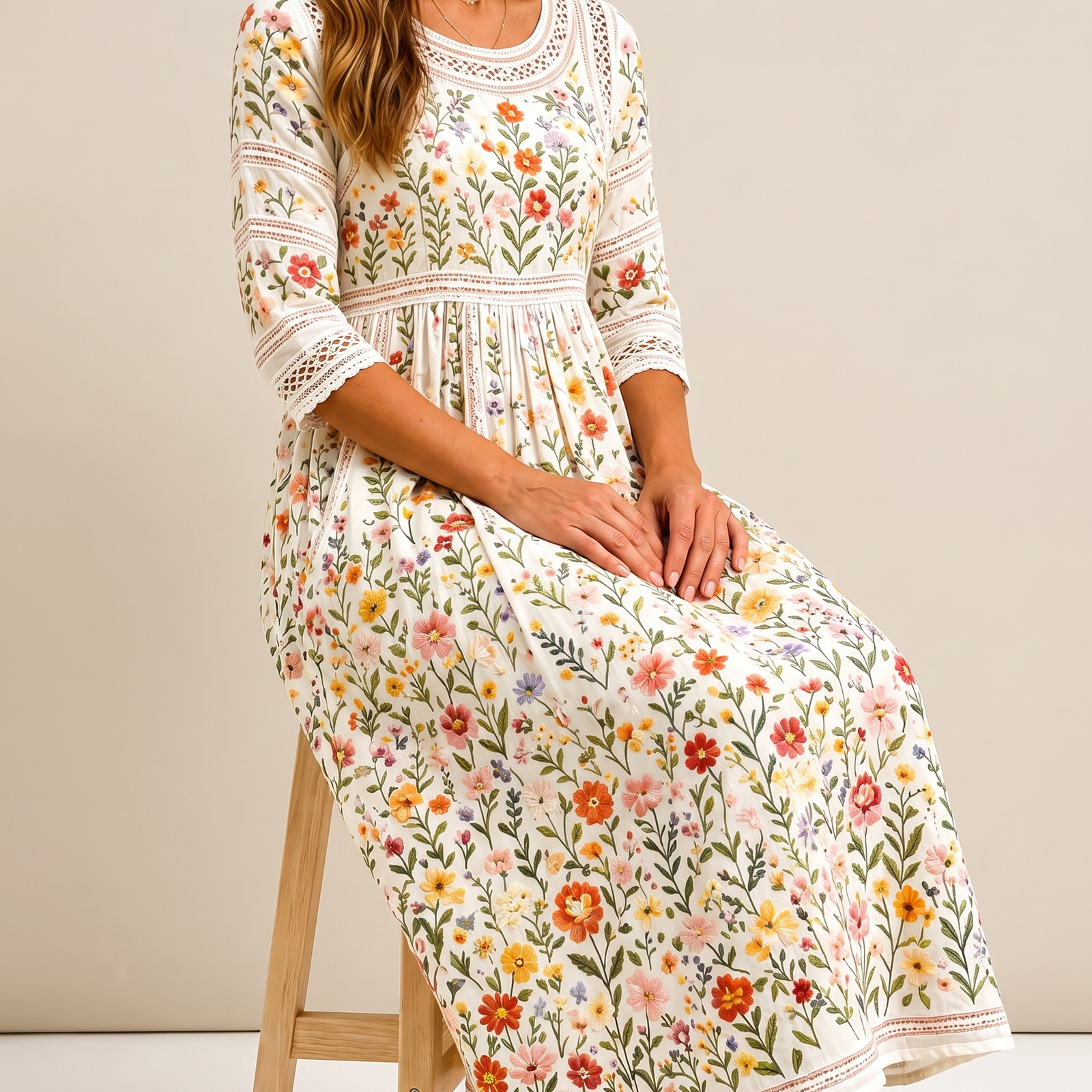 Anemona, rochie midi florală cu mâneci trei sferturi