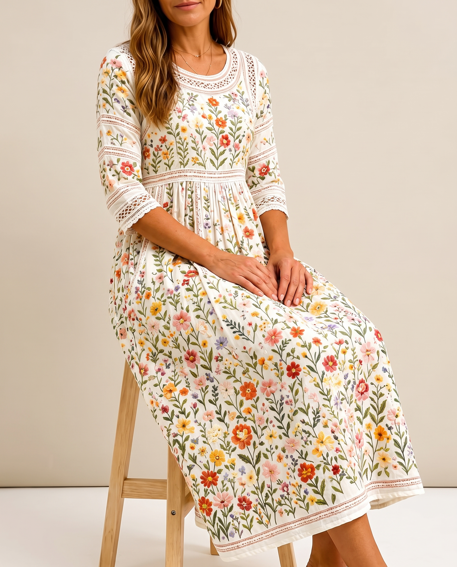 Anemona, rochie midi florală cu mâneci trei sferturi