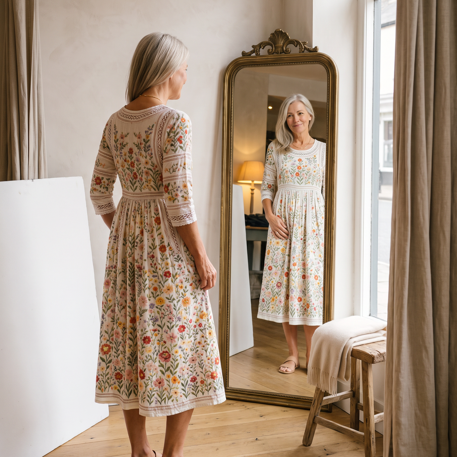 Anemona, rochie midi florală, detaliu al imprimeului și finisajelor