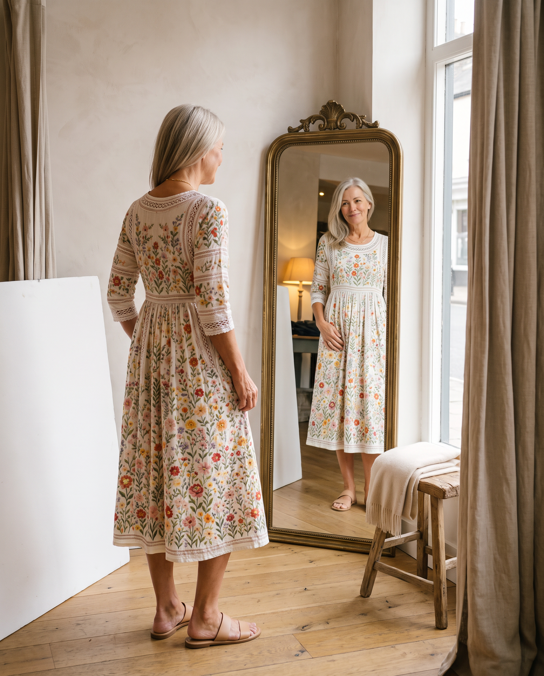 Anemona, rochie midi florală, detaliu al imprimeului și finisajelor