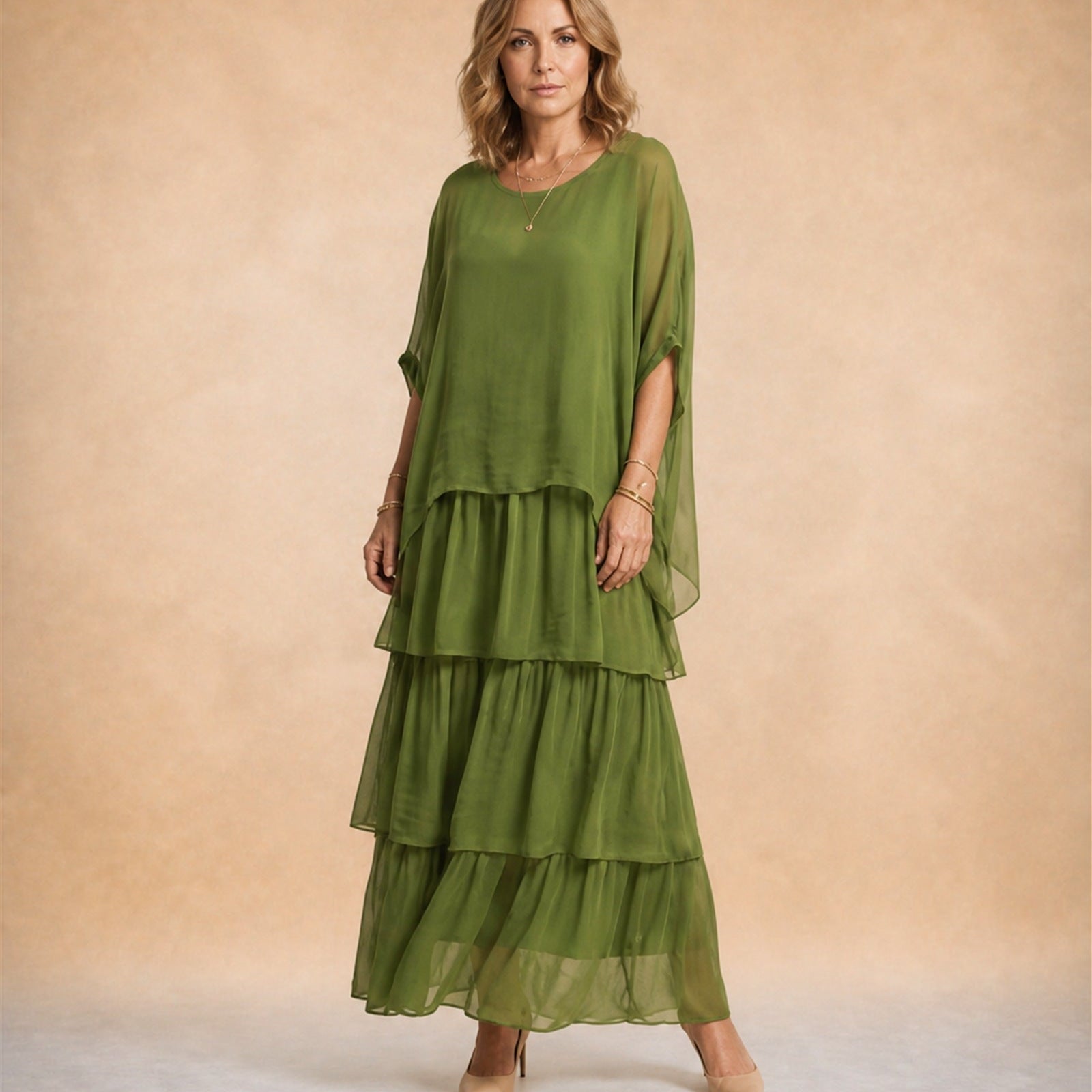 Maria-Elena rochie fluidă verde măsliniu - vedere frontală studio