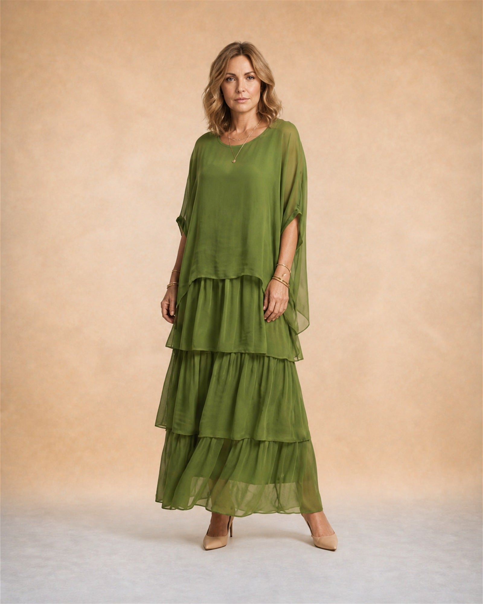 Maria-Elena rochie fluidă verde măsliniu - vedere frontală studio