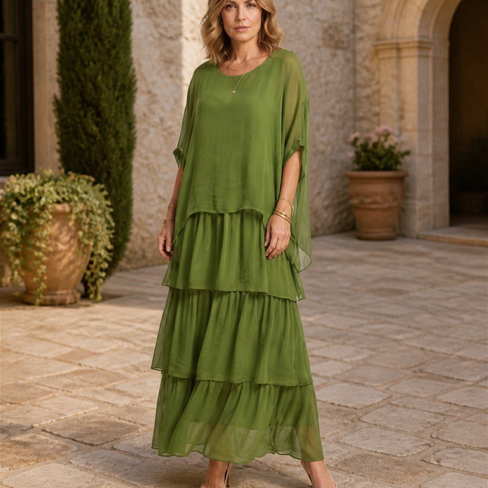 Maria-Elena rochie fluidă verde măsliniu - vedere frontală exterior