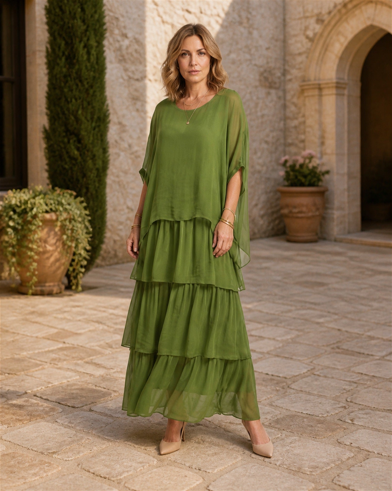 Maria-Elena rochie fluidă verde măsliniu - vedere frontală exterior