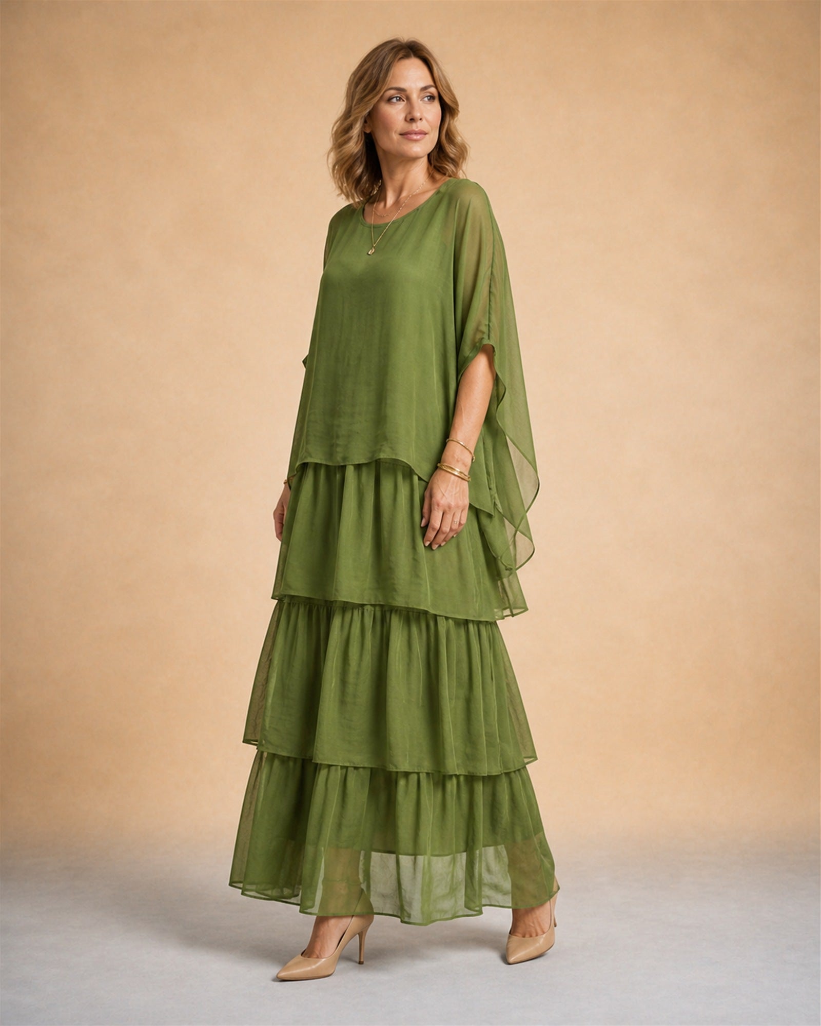 Maria-Elena rochie fluidă verde măsliniu - vedere laterală