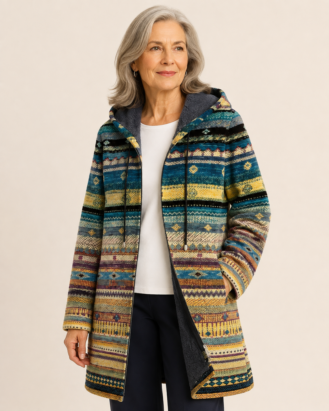 Annet | Luxurious Cardigan Inspired by Art – warmbeiger Studiohintergrund