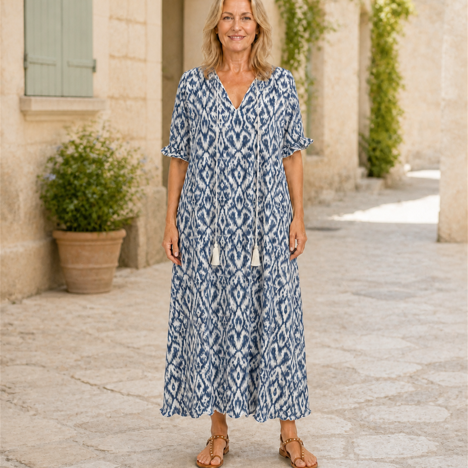 Rochie maxi boho albastru cer, vedere frontală în exterior