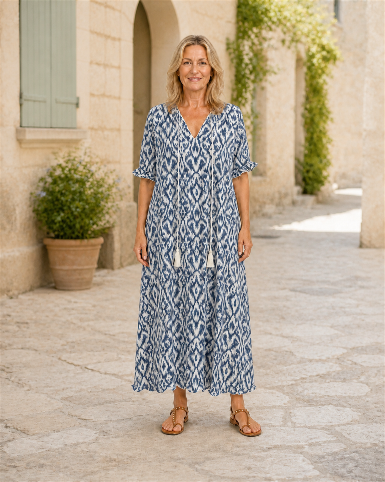 Rochie maxi boho albastru cer, vedere frontală în exterior