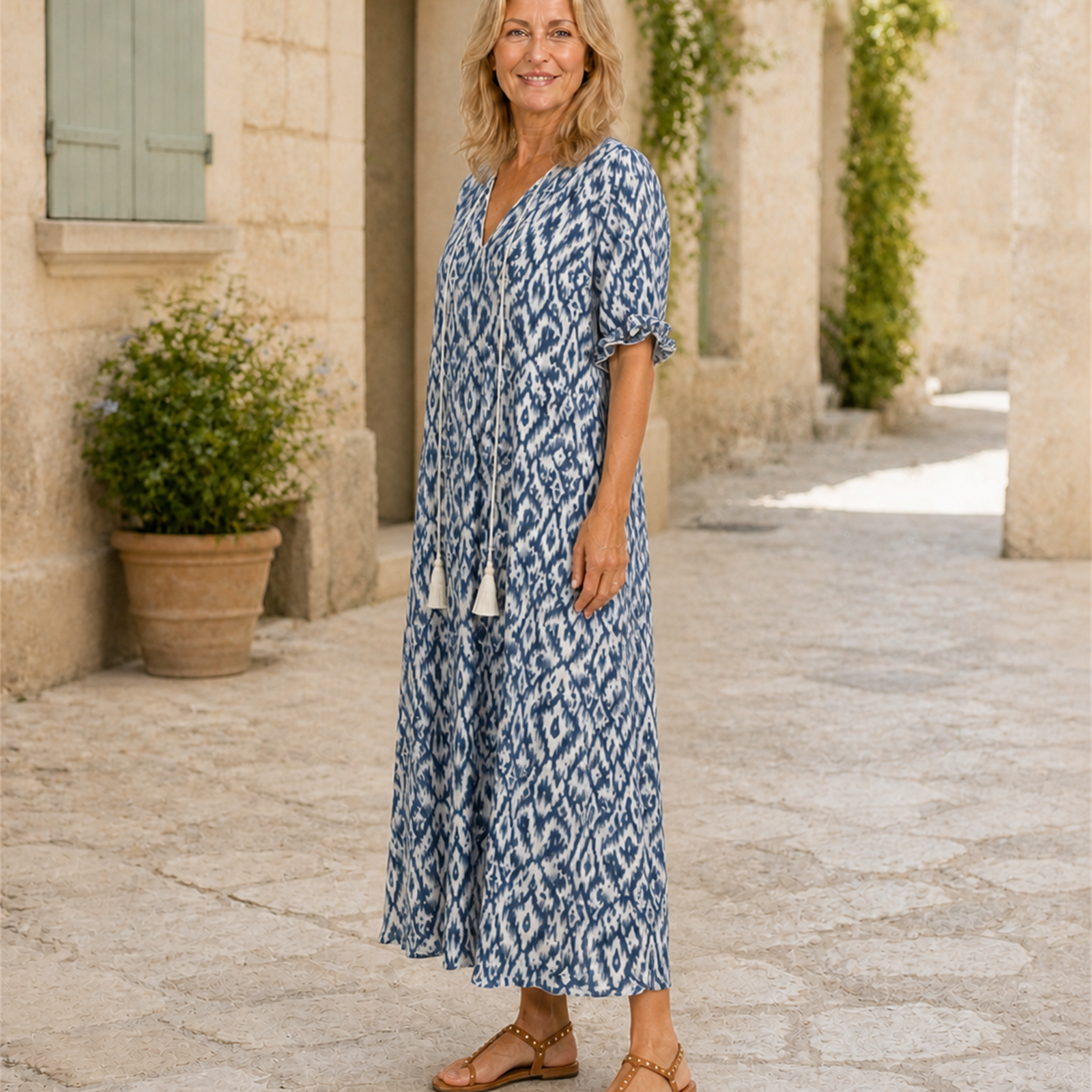 Rochie maxi boho albastru cer, vedere laterală