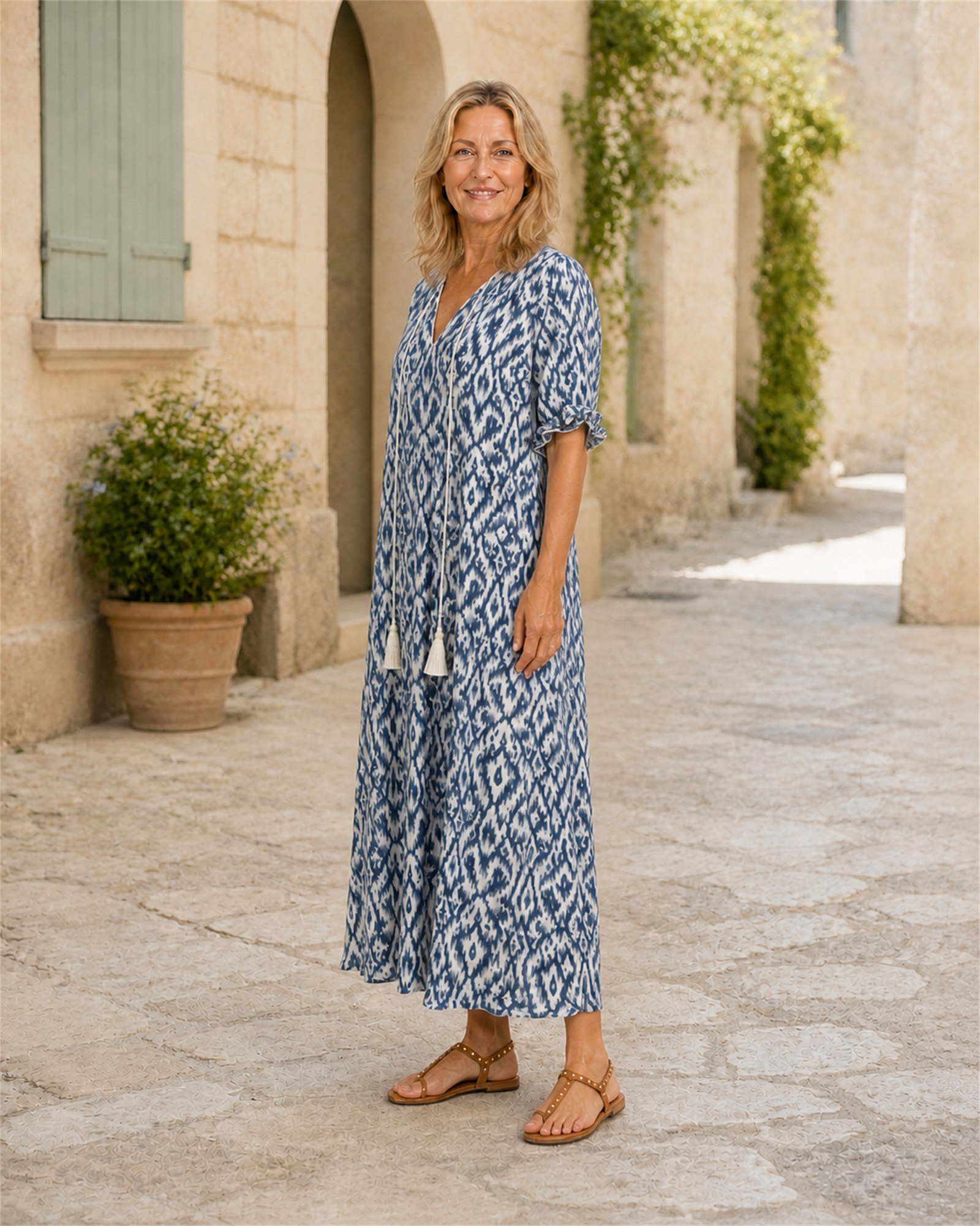 Rochie maxi boho albastru cer, vedere laterală