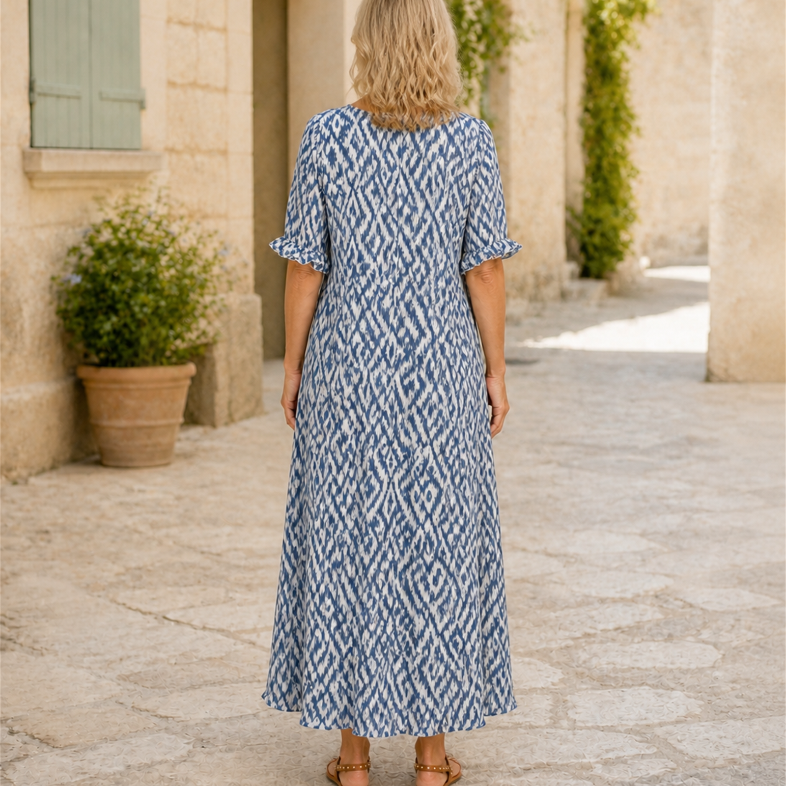 Rochie maxi boho albastru cer, vedere din spate