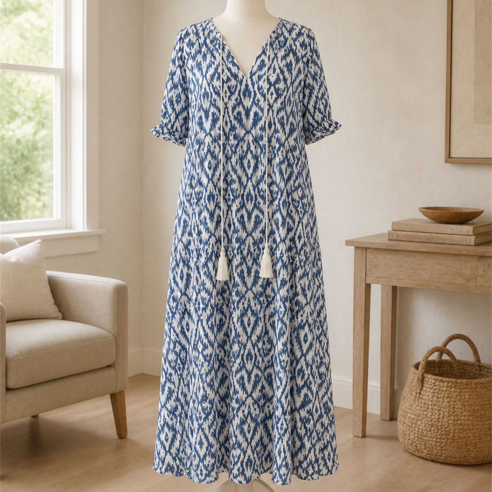 Rochie maxi boho albastru cer prezentată pe manechin