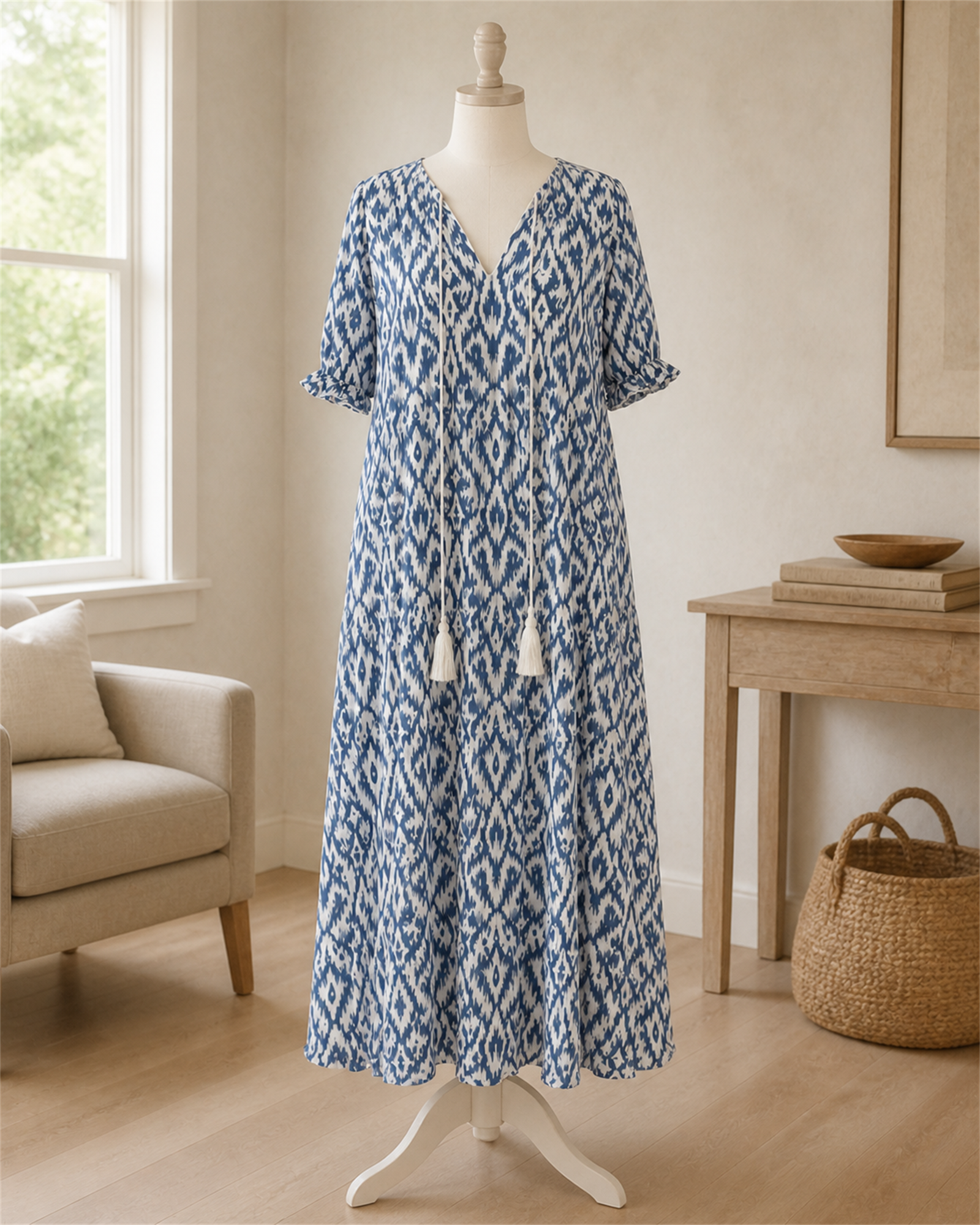 Rochie maxi boho albastru cer prezentată pe manechin