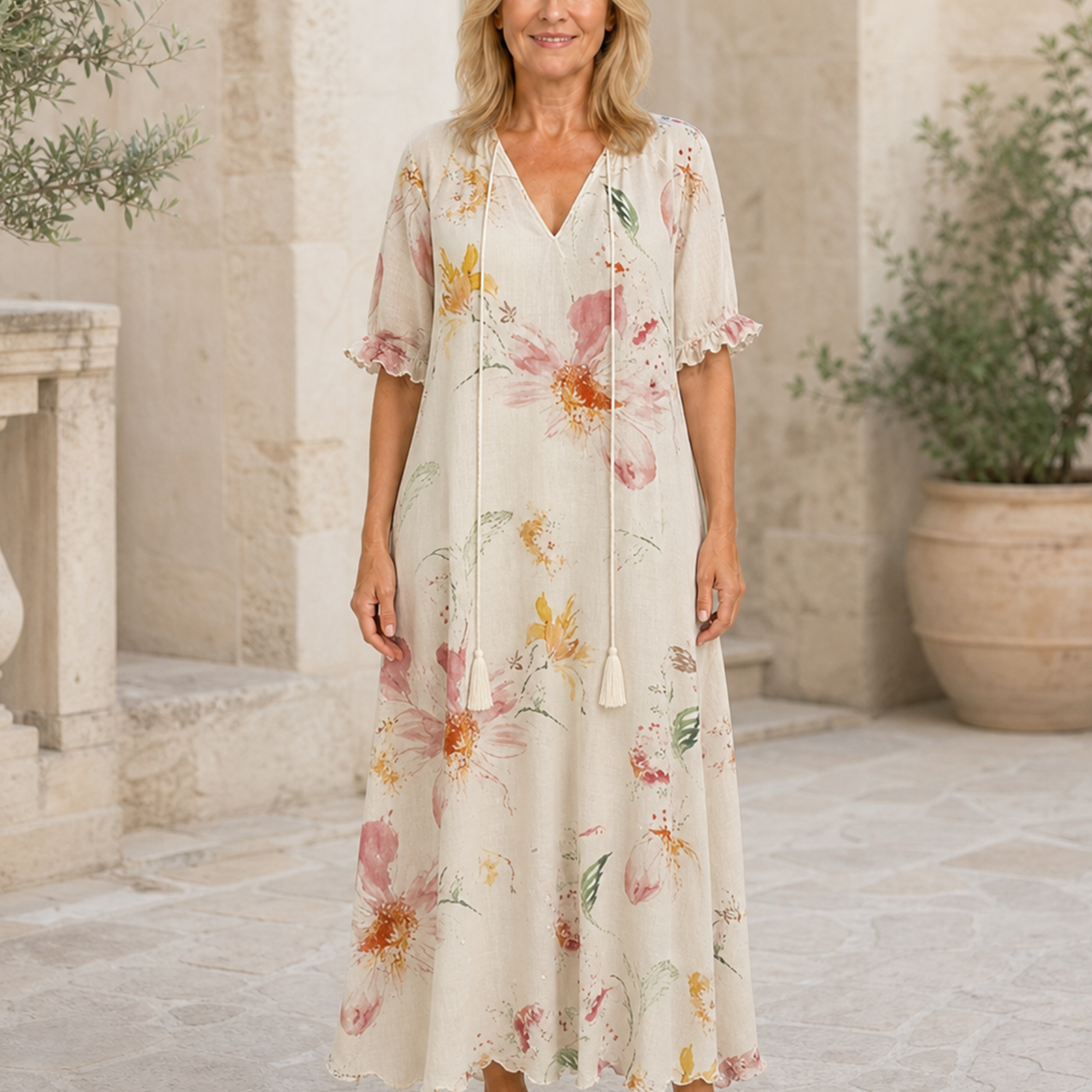 Rochie maxi boho bej, vedere frontală