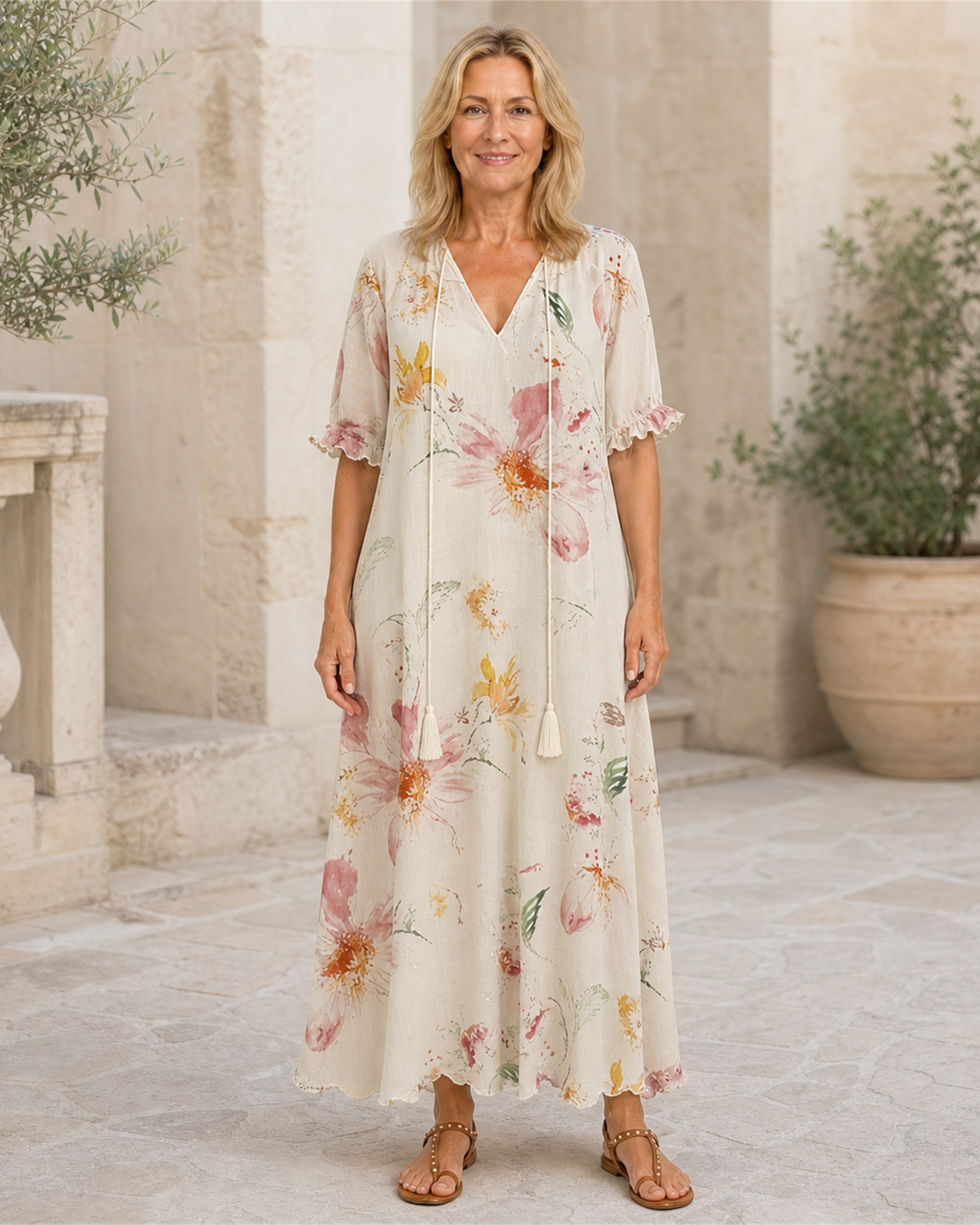 Rochie maxi boho bej, vedere frontală