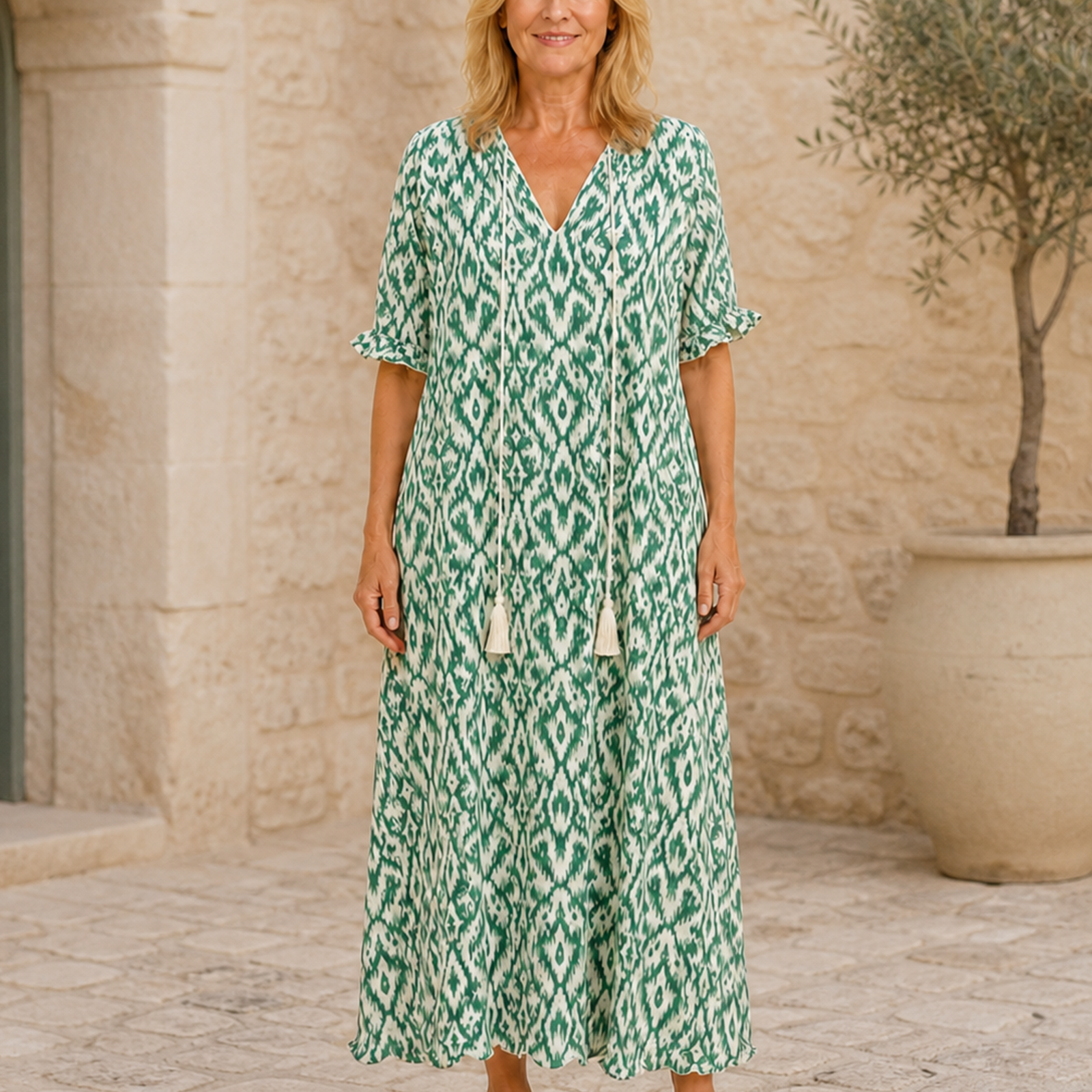 Rochie maxi boho verde, vedere frontală
