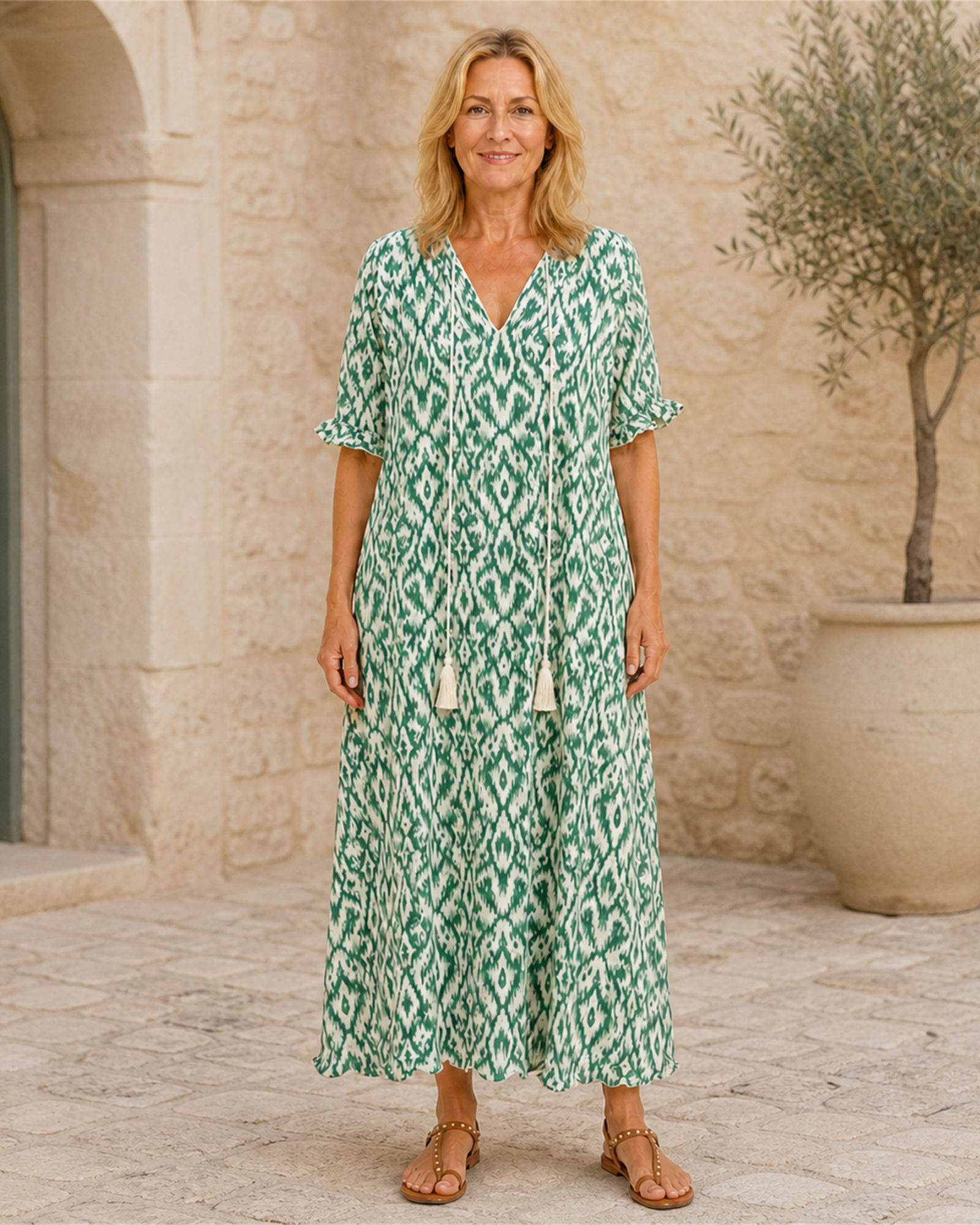 Rochie maxi boho verde, vedere frontală